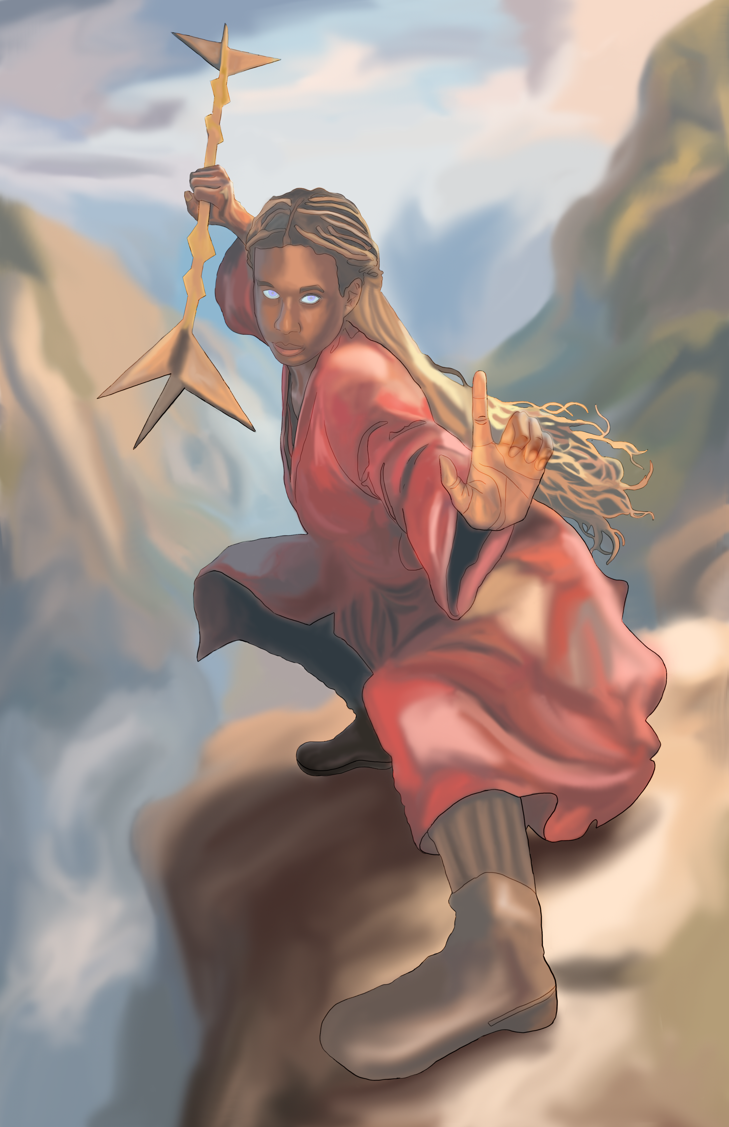 A fantasy illustration of a woman with glowing blue eyes, dressed in a flowing pink and red dress, holding a star-shaped staff, in a mountainous cloudscape.