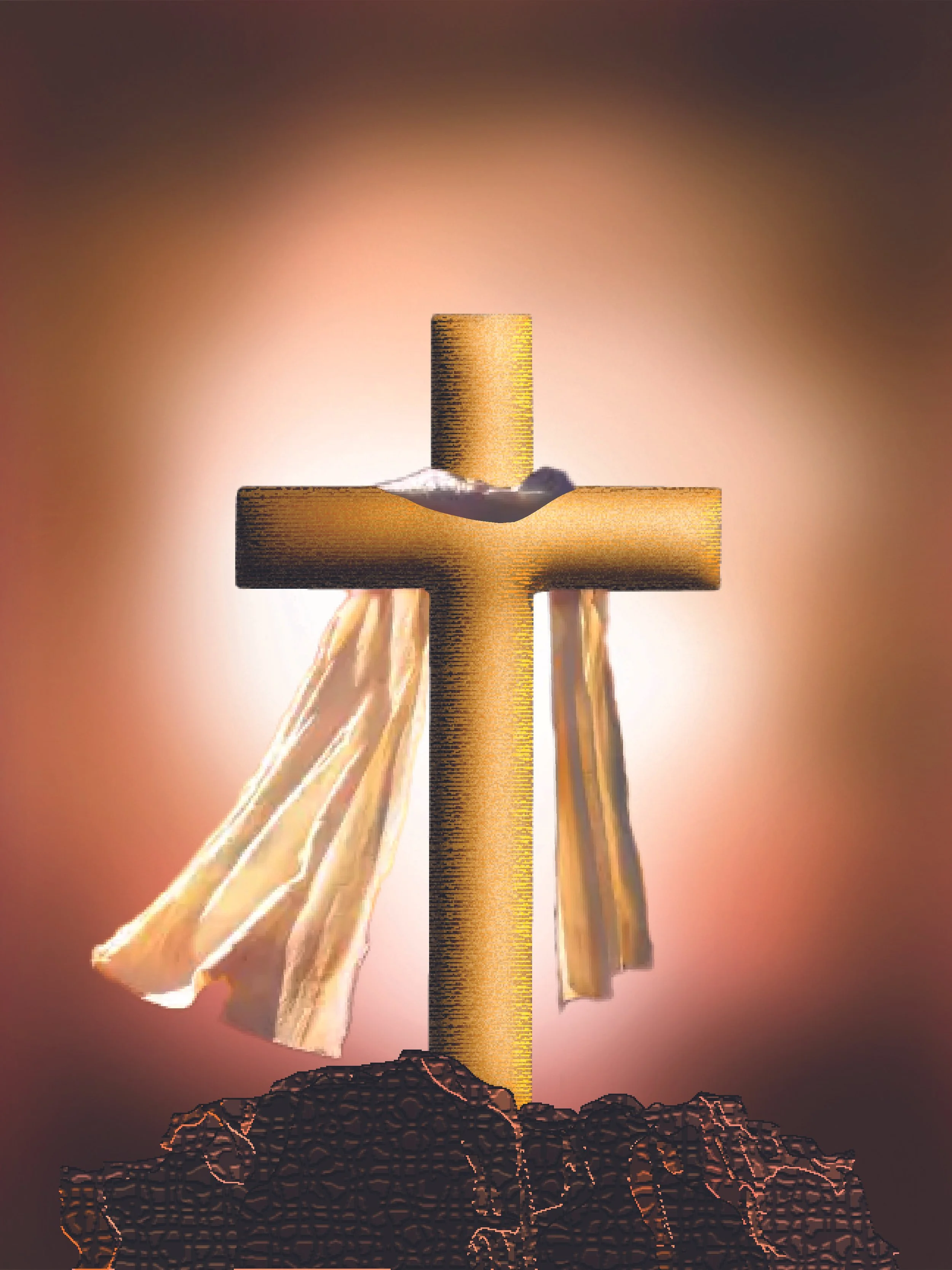 A golden cross mounted on a rocky, mountainous base, with a white cloth draped over the cross, set against a warm-toned background with a glowing effect.
