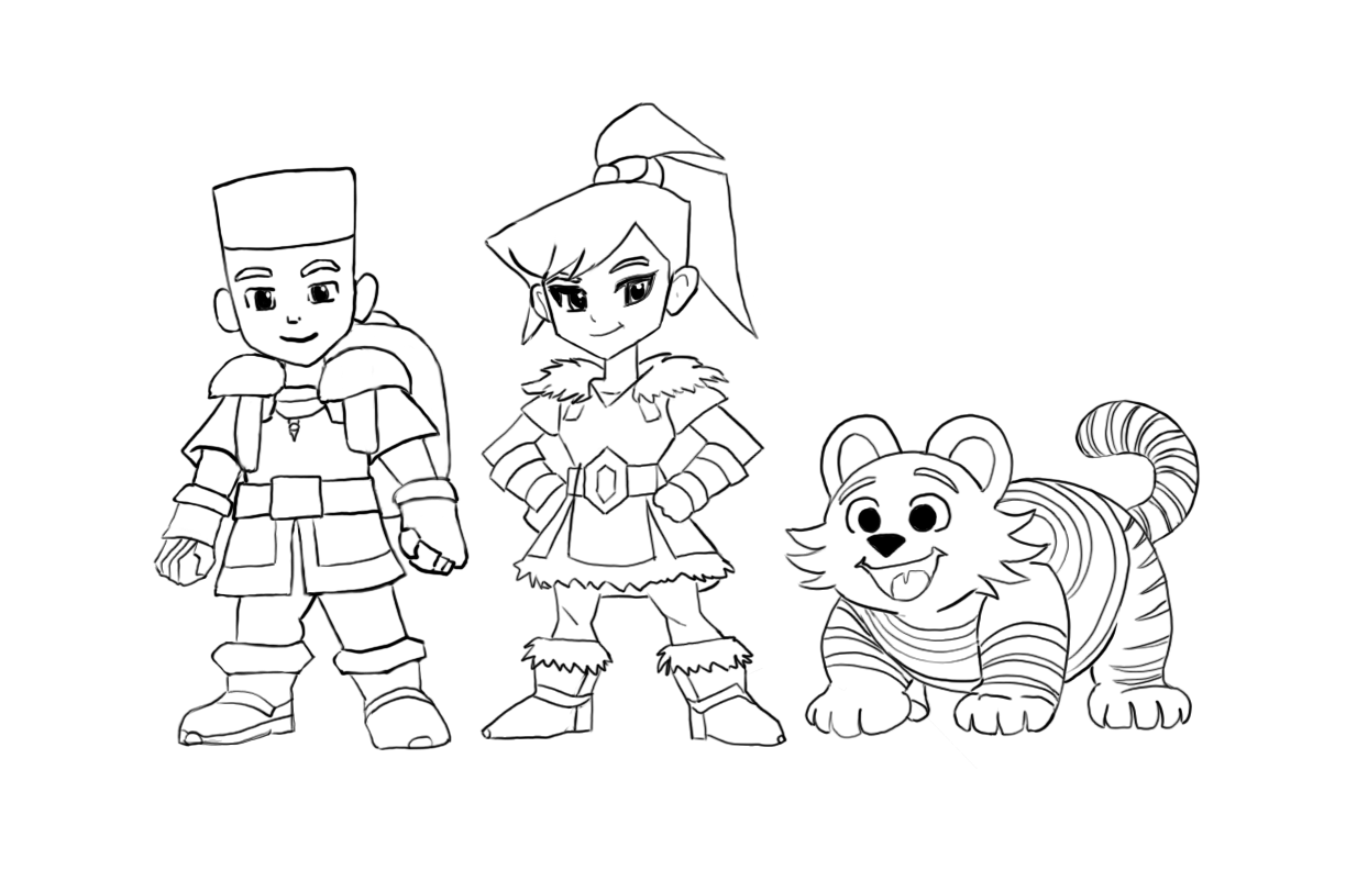 Black and white line drawing of two children in fantasy costumes and a cute tiger cub. The boy is dressed as a knight with a helmet and armor, the girl is dressed as an elf with a pointy hat, fur-lined cape, and a belt, and the tiger cub is lying down with a happy expression.