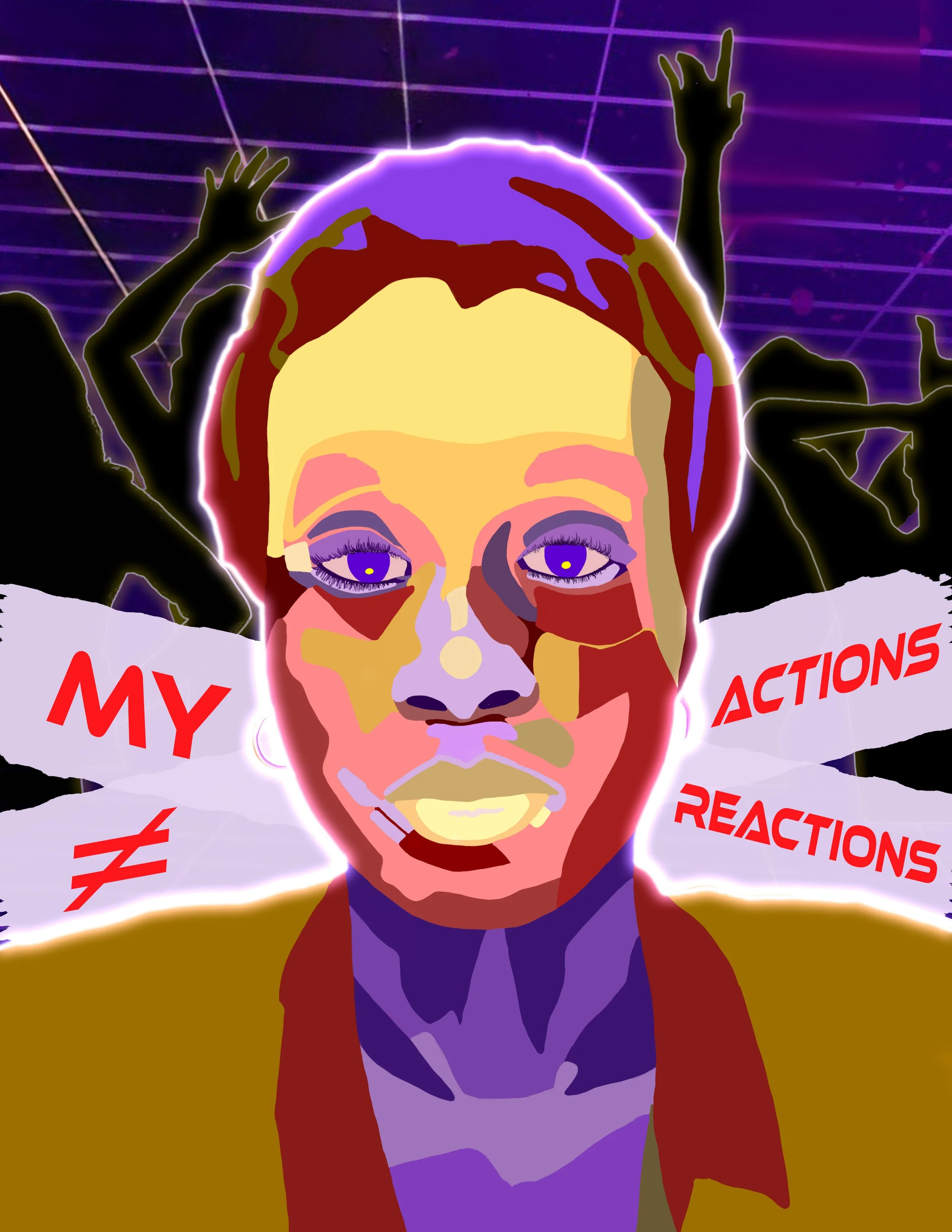 A colorful digital self-portrait showing a resting face. There are people in the background, presented as black silhouettes in a variety of gestures conveying contempt towards the central figure.