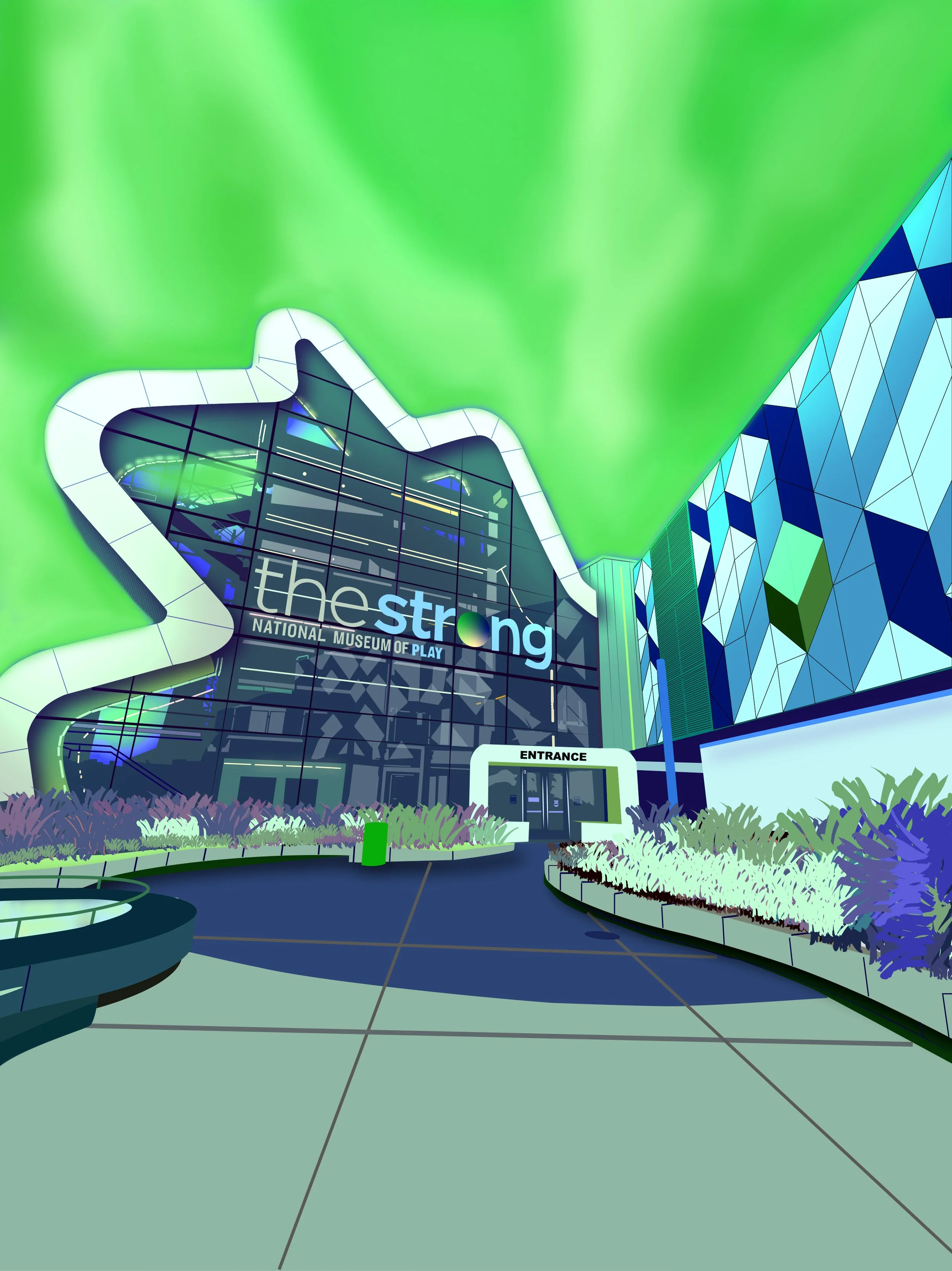 Digital illustration of the National Museum of Play at The Strong in Rochester, New York, featuring modern architecture with geometric blue and white facade and green landscaping.