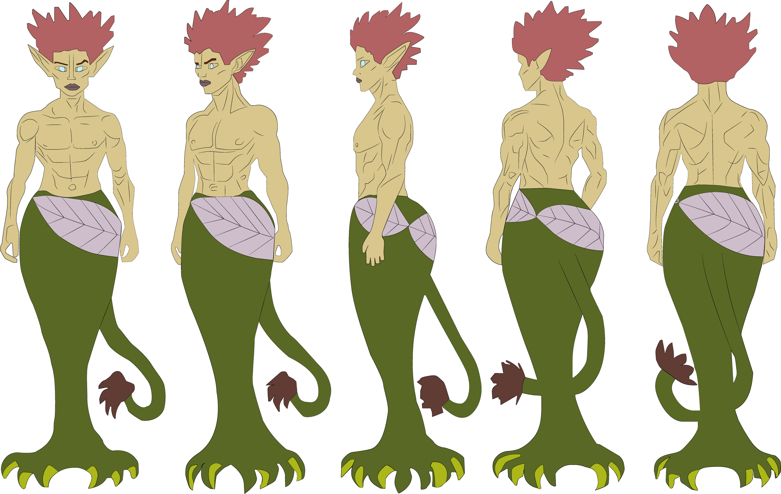 A digital illustration of a mythical creature with the upper body of a humanoid and the lower body of a lion, with multiple different poses shown in a row. The creature has pointed ears, purple eyes, reddish spiky hair, tan skin, and a purple leaf-shaped design on the waist, with a green skirt covering the lower body.