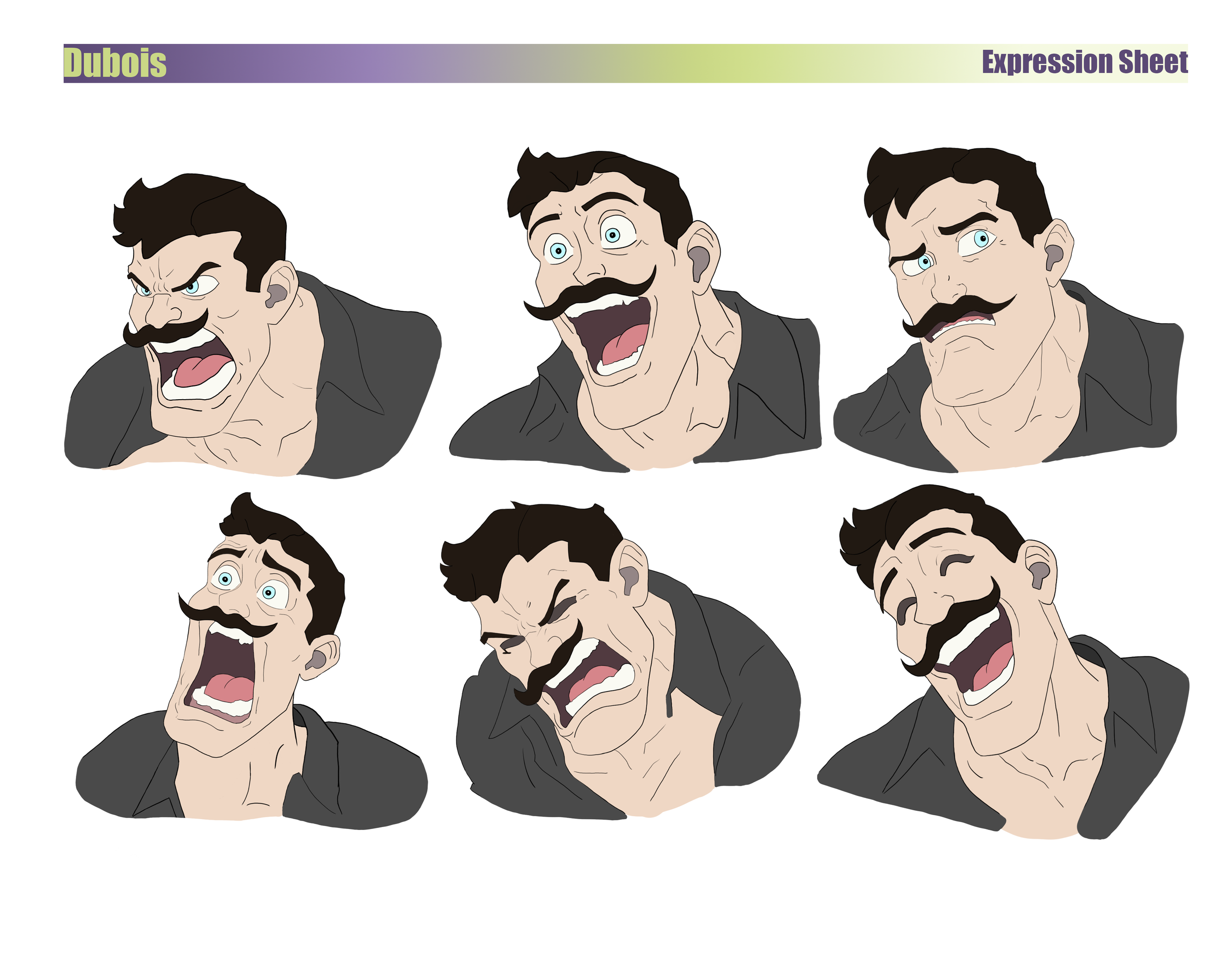 A sheet with digital illustrations of a wrestler's face expressing anger, surprise, and sadness.