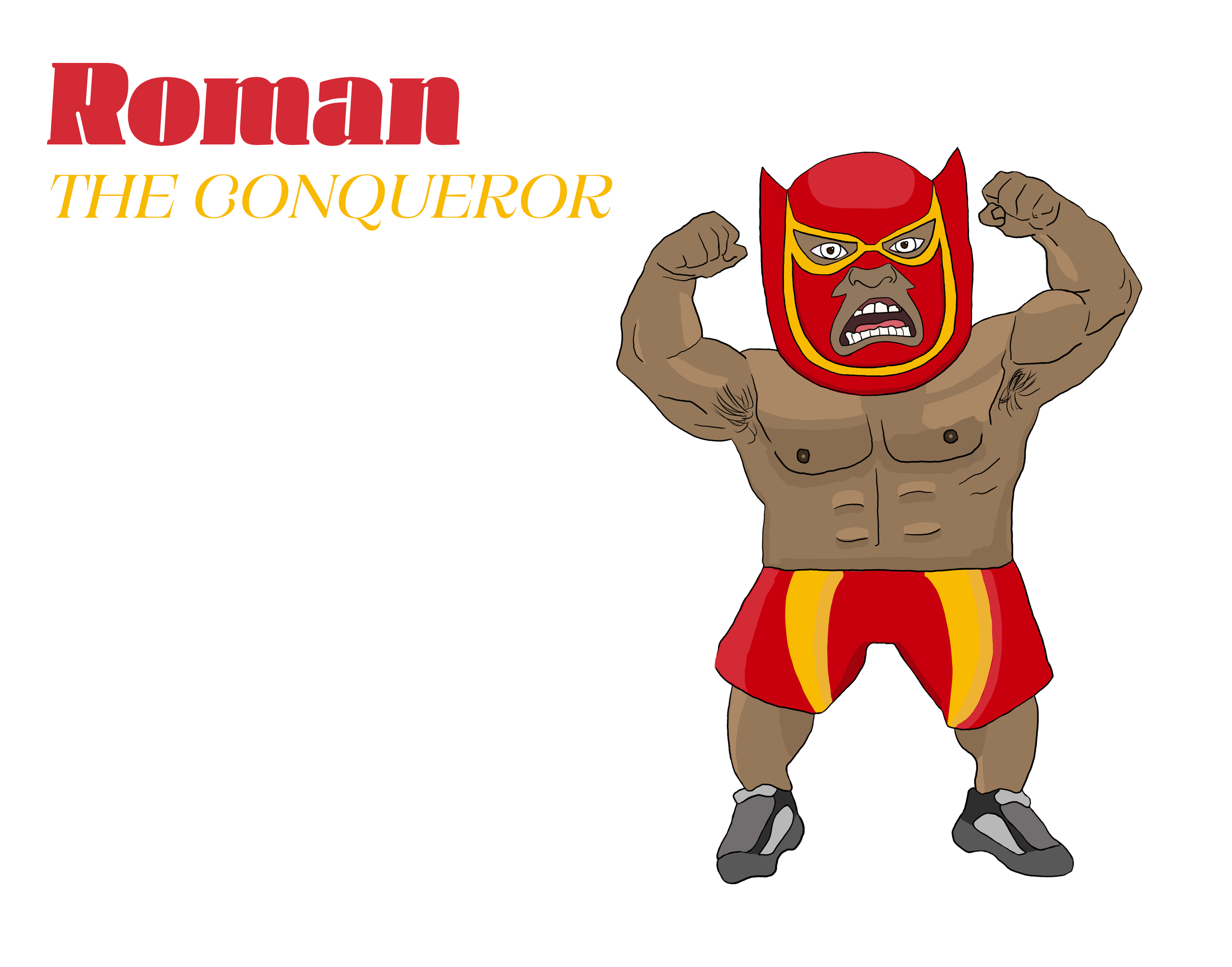 A stubby, yet muscular wrestler wearing a red luchador mask with yellow accents, red shorts with yellow stripes, black shoes, and flexing his biceps.