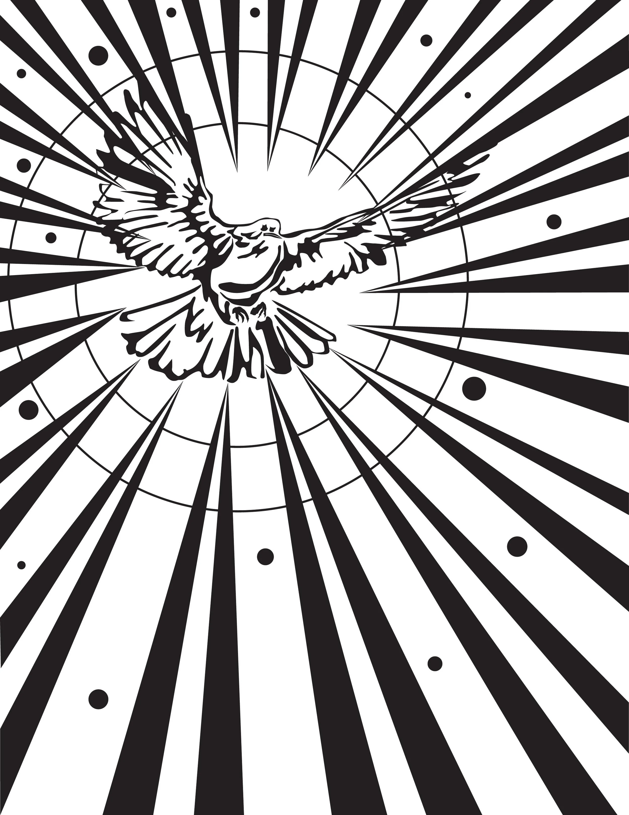 A black and white illustration of a dove in flight, with abstract radial lines and dots in the background.