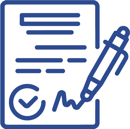 Outline of a document with text lines, a checkmark inside a circle, a signature line, and a pen overlapping the document.