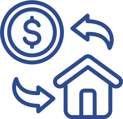 Symbol representing real estate or house refinancing, with arrows indicating financial transactions moving between a dollar sign and a house.