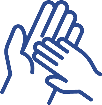 Outline drawing of two hands, one larger and one smaller, touching or clapping.