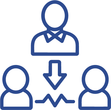 Icon showing a person with a downward arrow connecting to two other people, representing communication or connection.
