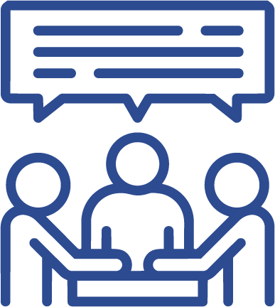 Icon of three people sitting around a table engaging in a discussion, with speech bubbles above them.