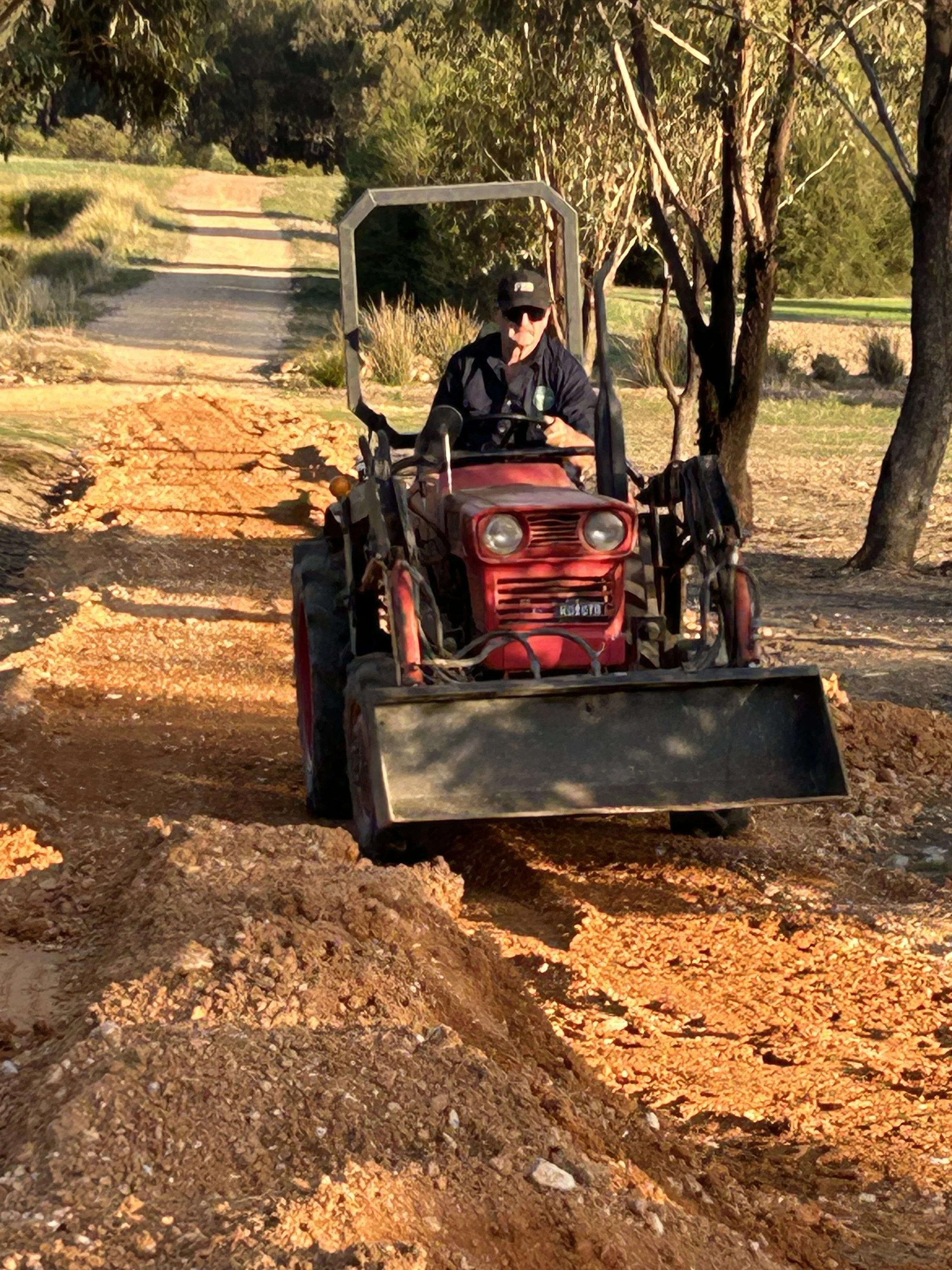 A person riding a red tractor on a dirt path surrounded by trees and foliage.