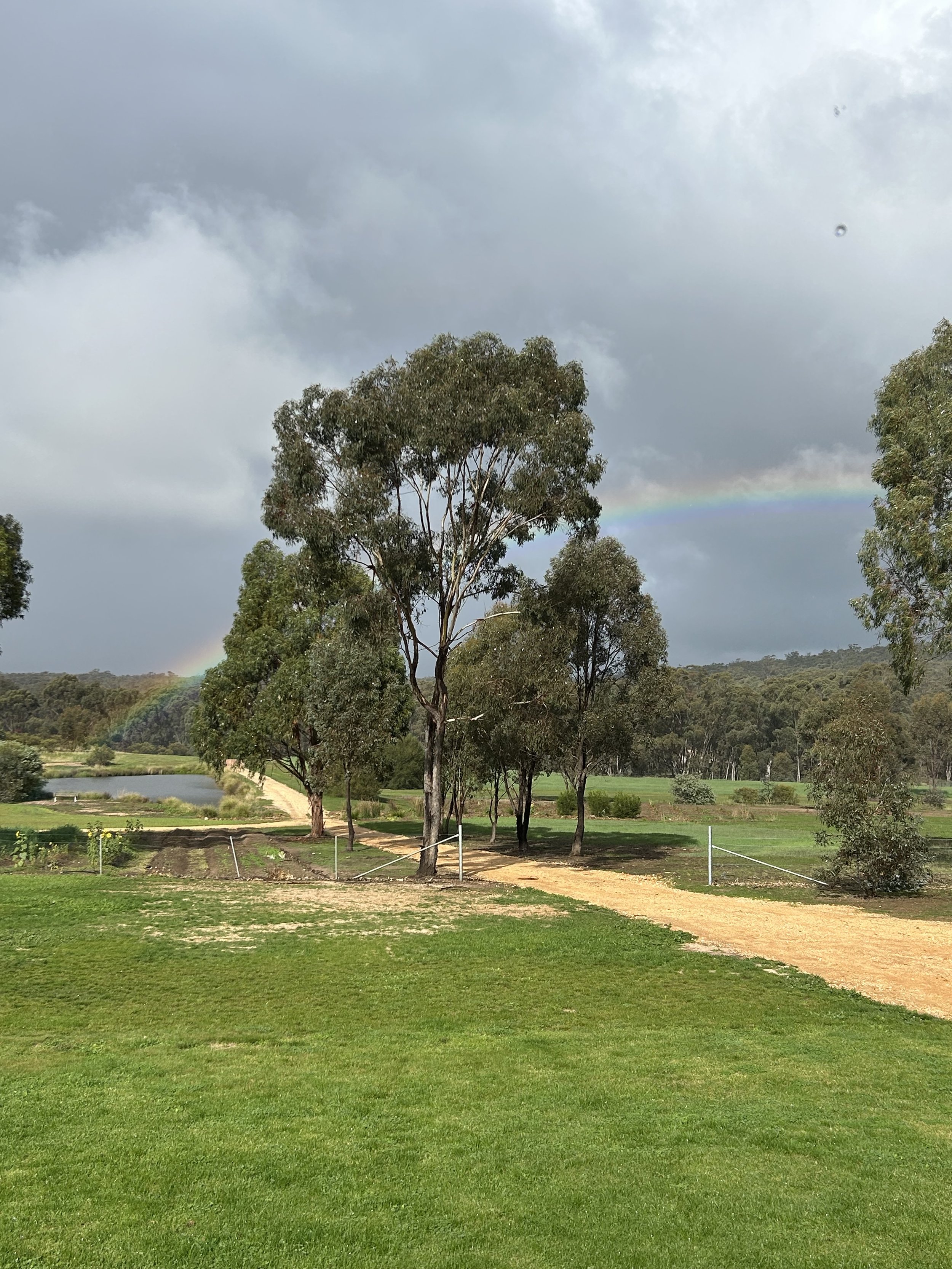 A grassy landscape with trees, a dirt path, a pond, and a faint rainbow under a cloudy sky.
