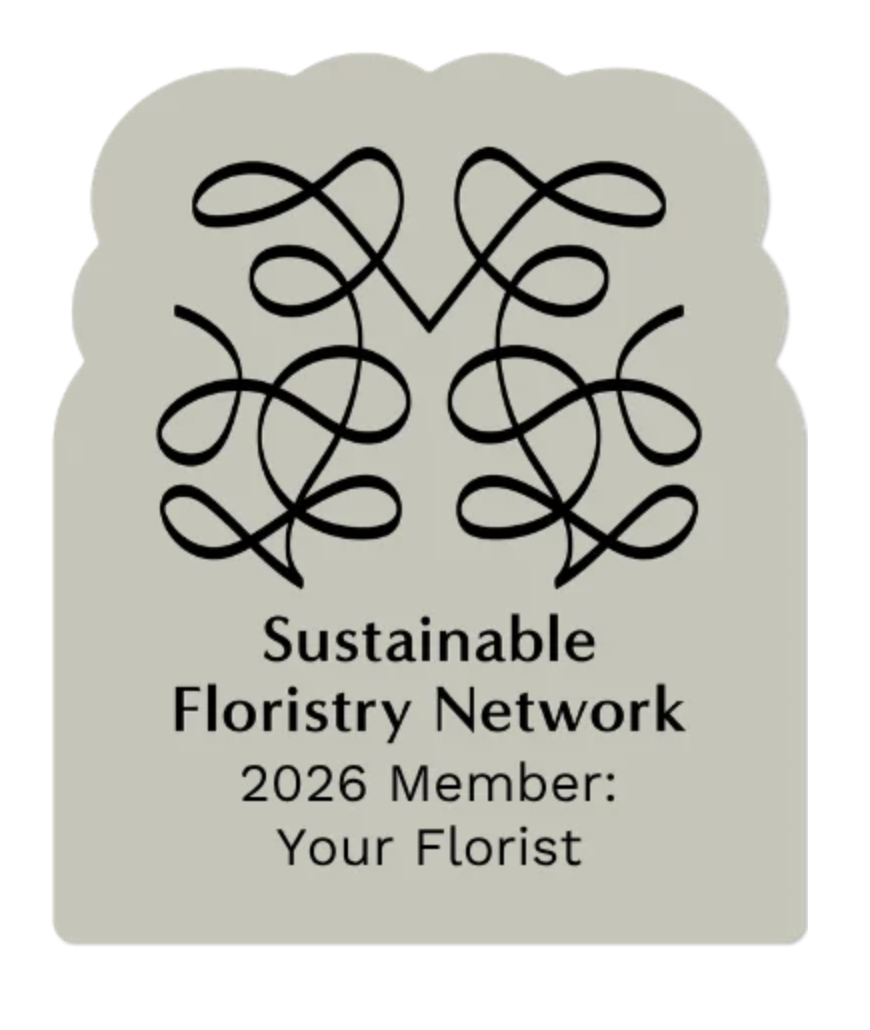 A certification badge for the Sustainable Floristry Network, 2026 Member, Your Florist, featuring black line art of an abstract floral design on a light gray background.