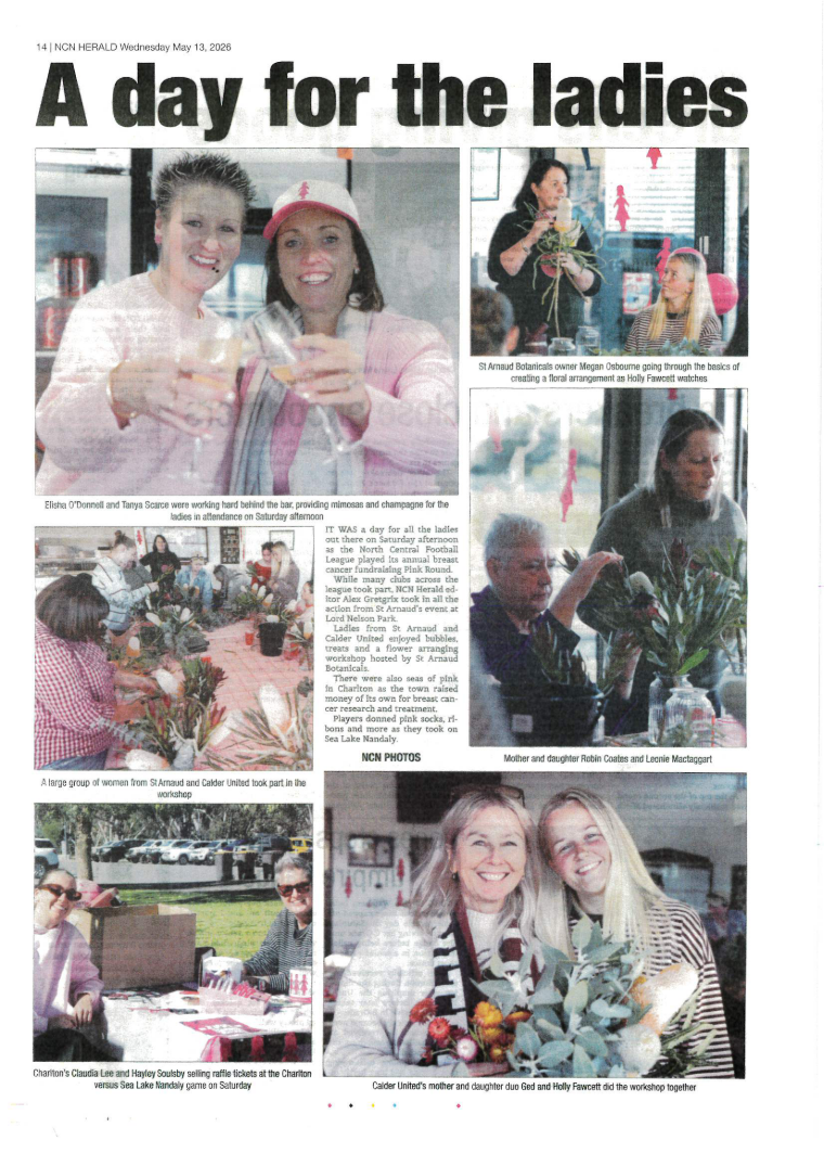 A newspaper page titled "A day for the ladies," showing photos of women participating in a floral workshop, including Megan Osbourne, Robin Coates, Leopard Mactaggart, and others, with some women selling raffle tickets and enjoying drinks.