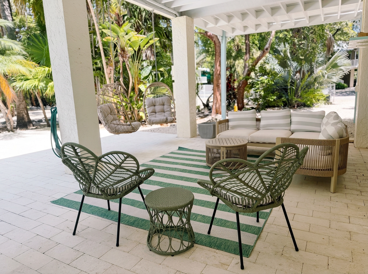 Covered outdoor patio with a white and green striped rug, wicker and cushioned seating, a small wicker side table, and hanging cushioned chairs surrounded by lush green trees and tropical plants.