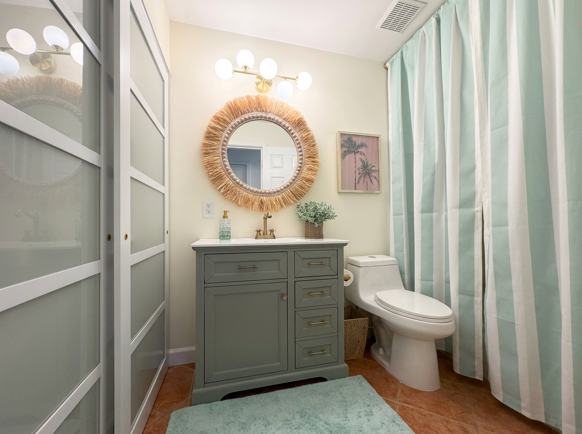 A bathroom with a jade green vanity, a round mirror with a woven frame, a three-light vanity fixture, a framed palm tree picture, a potted plant, a toilet, and a striped shower curtain.