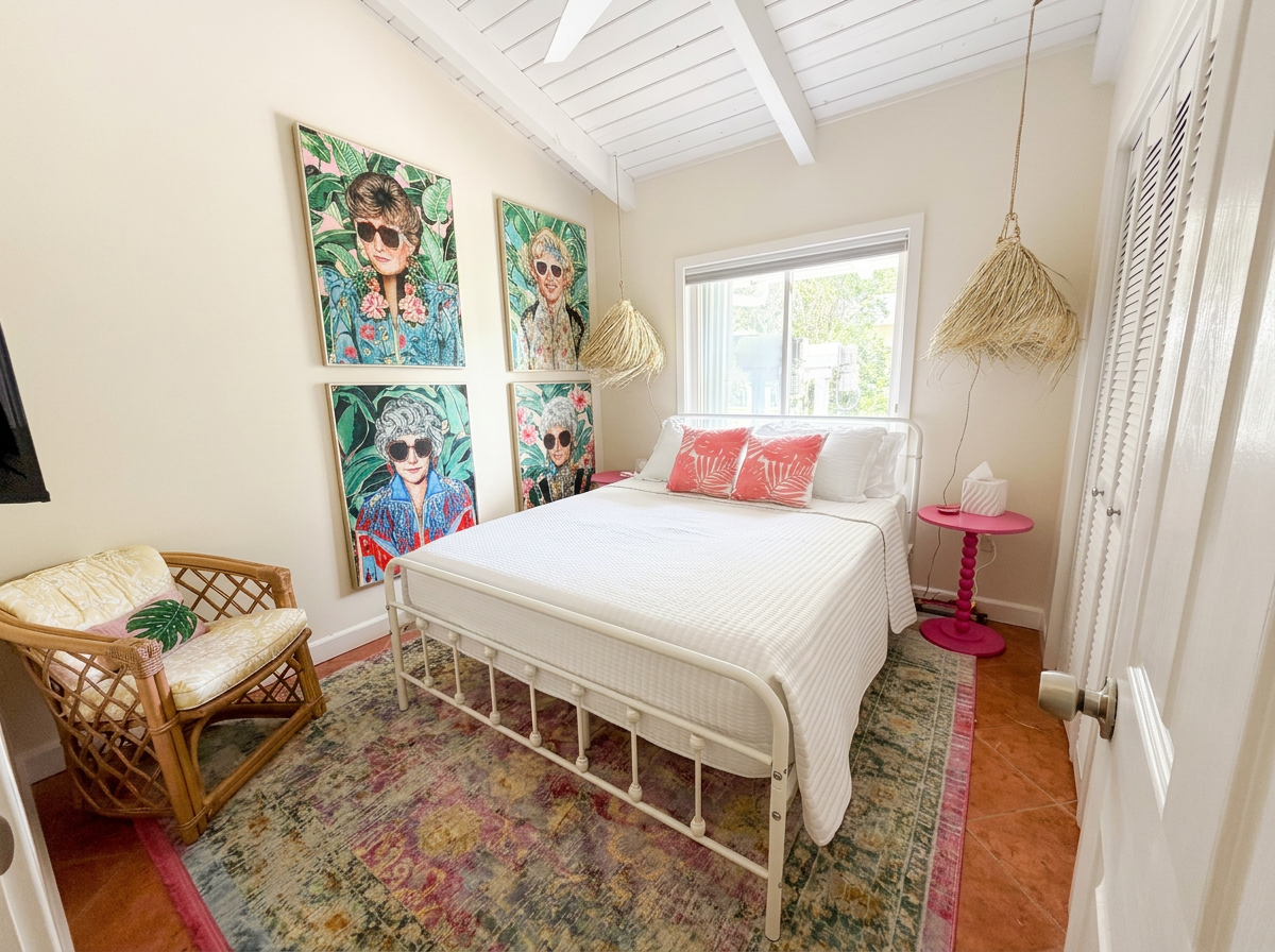 A cozy bedroom with a white bed, tropical-themed pillows, and colorful artwork of women on the wall. There is a wicker chair with a cushion, two hanging pendant lights, a pink side table with a tissue box, and a window letting in natural light.