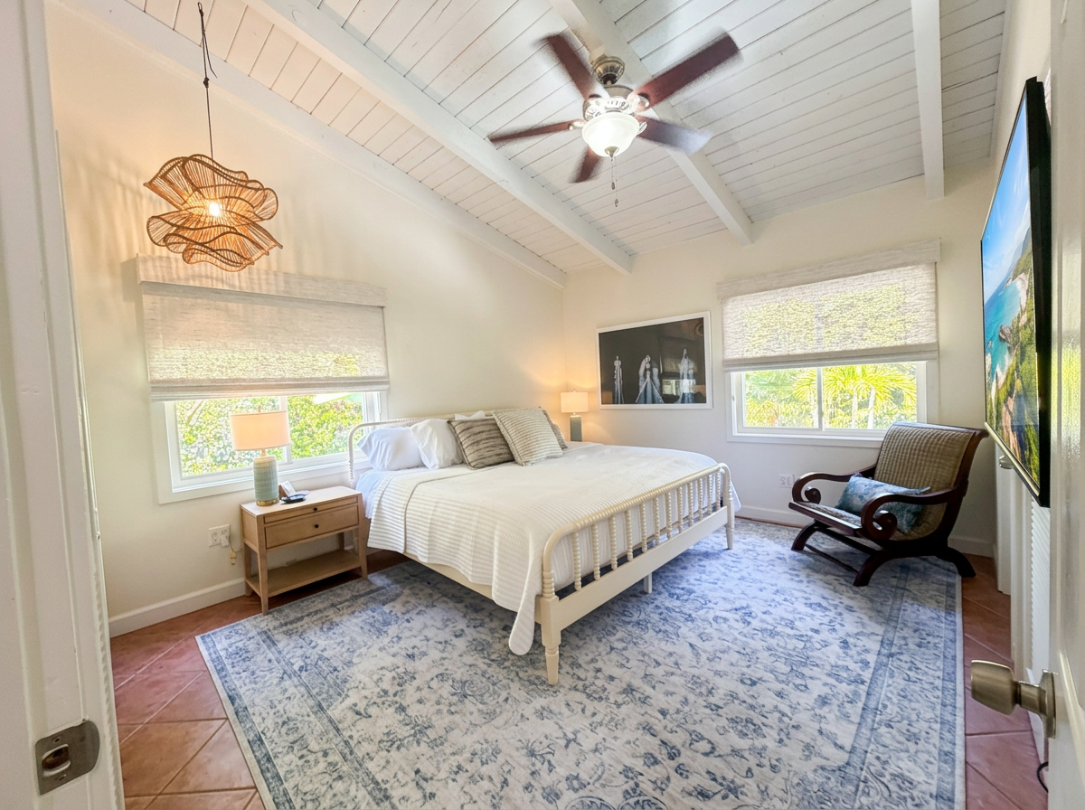 A bedroom with a white bed, two windows with blinds, a wooden nightstand with a lamp, a ceiling fan, a patterned rug, a chair with a cushion, and a flat-screen TV on the wall.