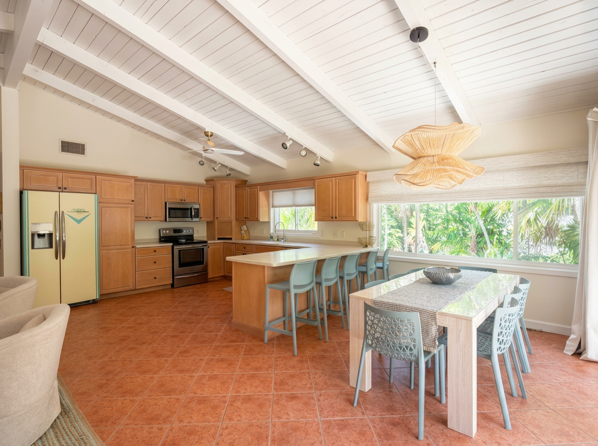A bright kitchen with wooden cabinets, a white countertop, and a large window overlooking green trees. There is a kitchen island with seating, a dining table with chairs, and a yellow retro-style refrigerator.