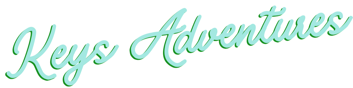 Text that reads 'Keys Adventures' in a stylish, cursive font with a light green outline on a transparent background.