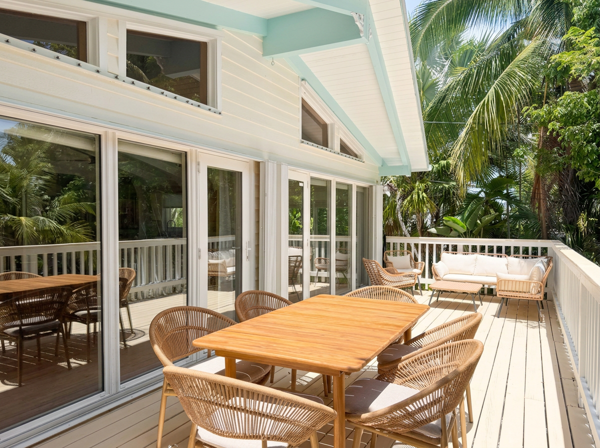 An outdoor balcony with a wooden dining table and six wicker chairs, a seating area with a cushioned sofa and chairs, surrounded by tropical trees and foliage.