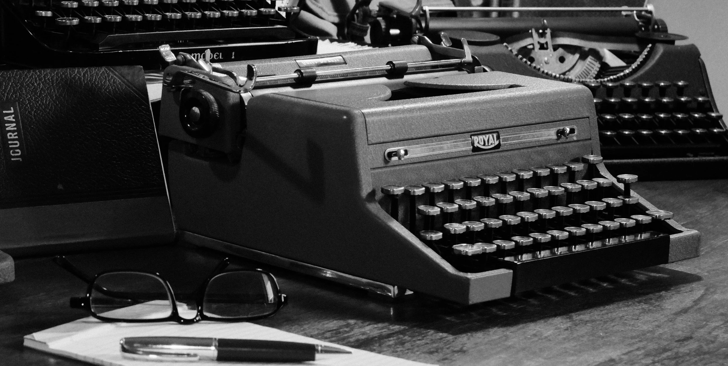 A black and white photograph of a 1949 Royal Quiet De Luxe, named Dorian Gray