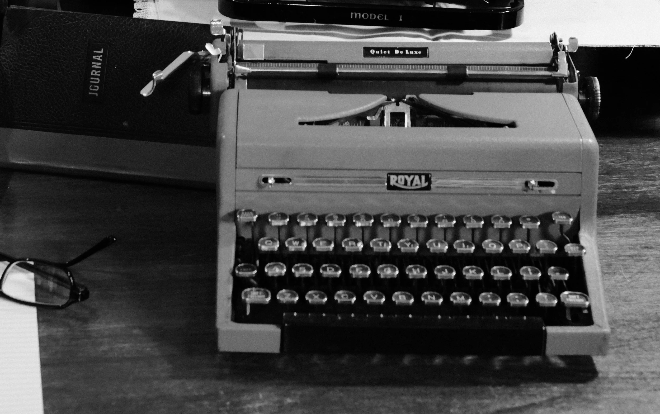 A black and white photograph of a 1949 Royal Quiet De Luxe, named Dorian Gray