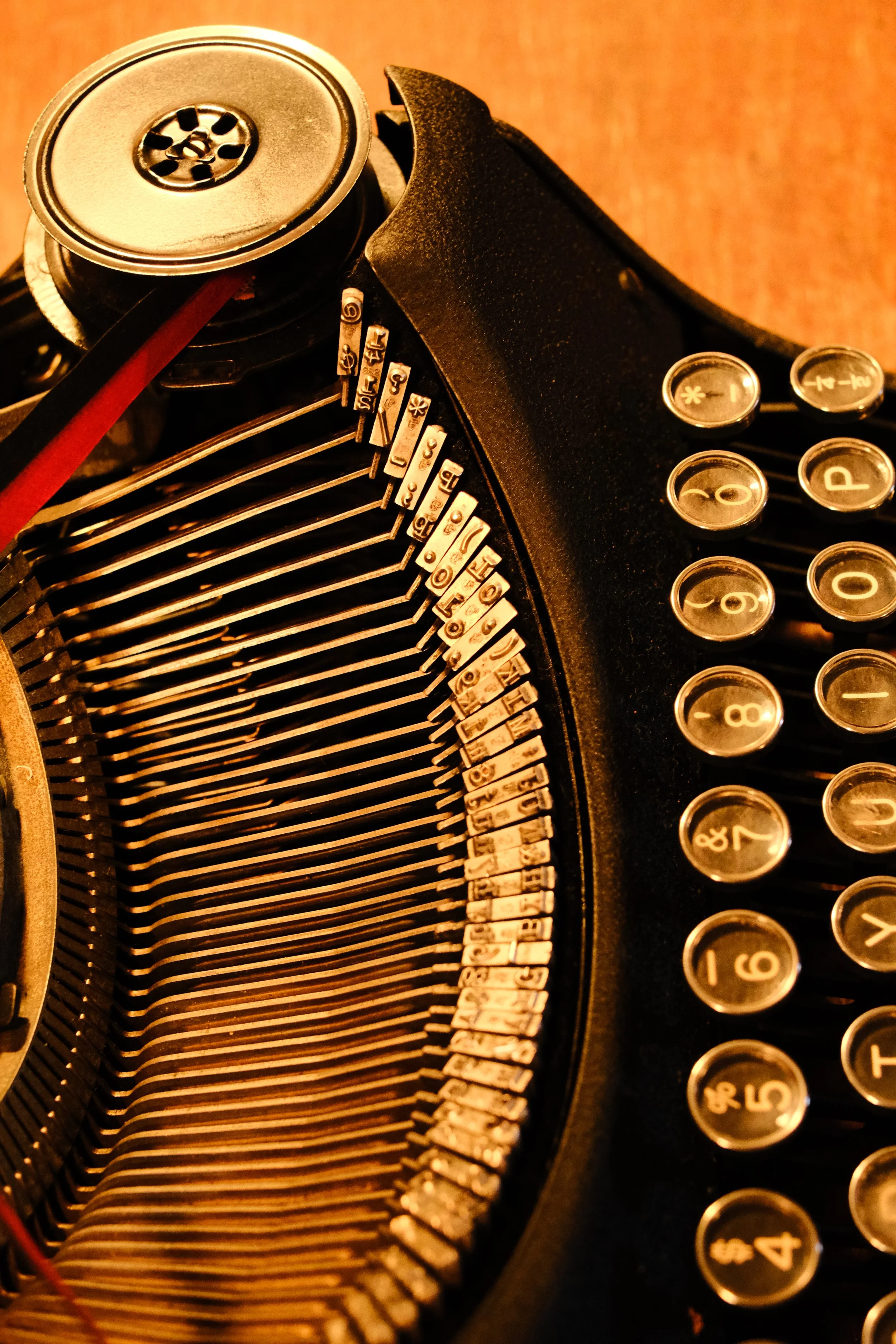 1938 Underwood Leader black with glass keys. A close up of the fanned out typebars laid out in rest position