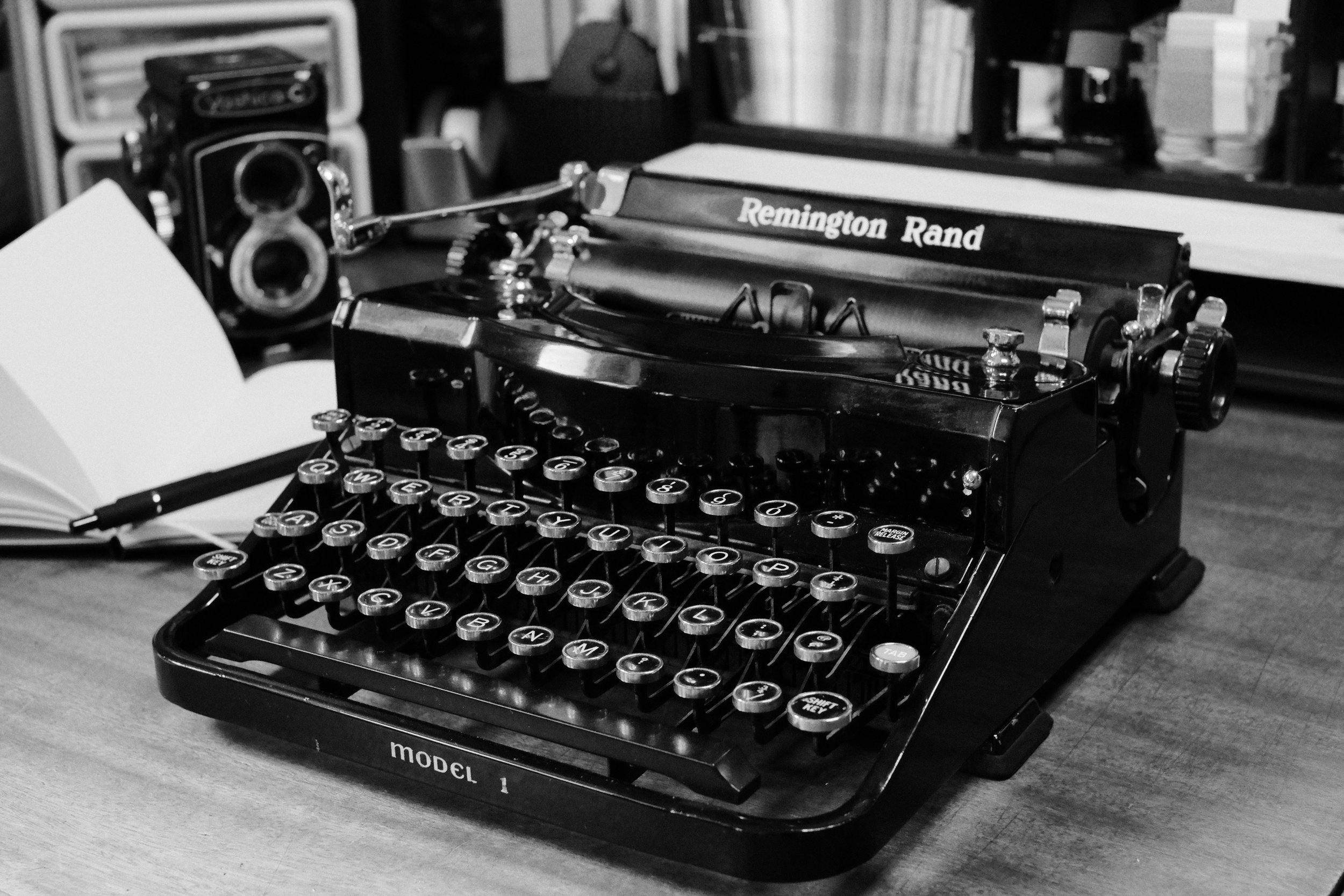 1935 Remington Rand Model 1, beautiful polished black surface with elegant glass keys.