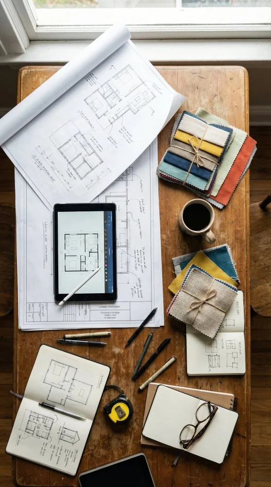Top view of a wooden desk with architectural blueprints, fabric swatches, a coffee mug, and drawing tools, including pens and a digital tablet with a stylus, next to a window.