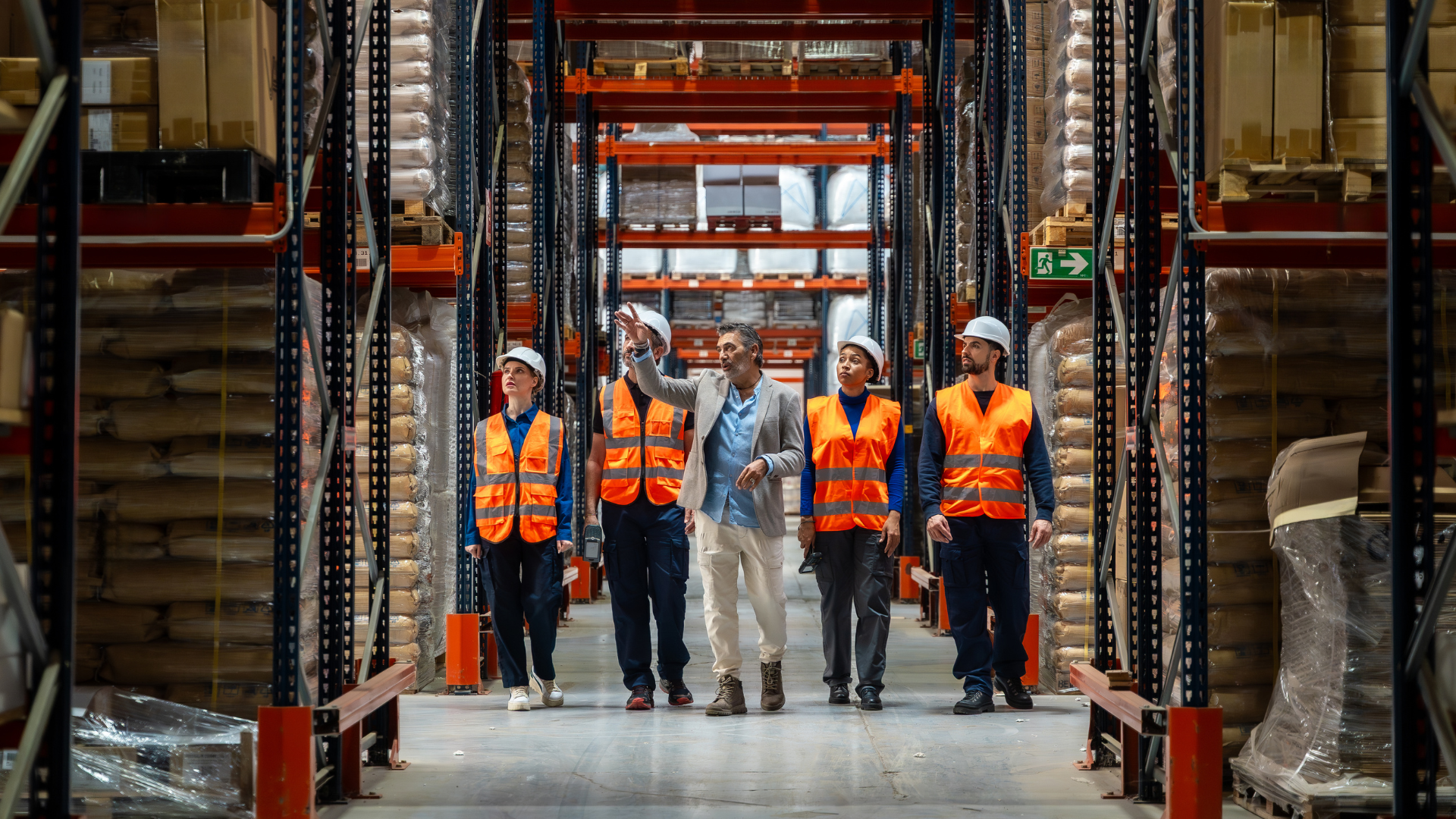 Group of five people touring a warehouse and inspecting shelves filled with packaged goods. The man in the center, wearing a gray blazer, appears to be explaining or discussing something with the others, who are all wearing orange safety vests and white helmets.
