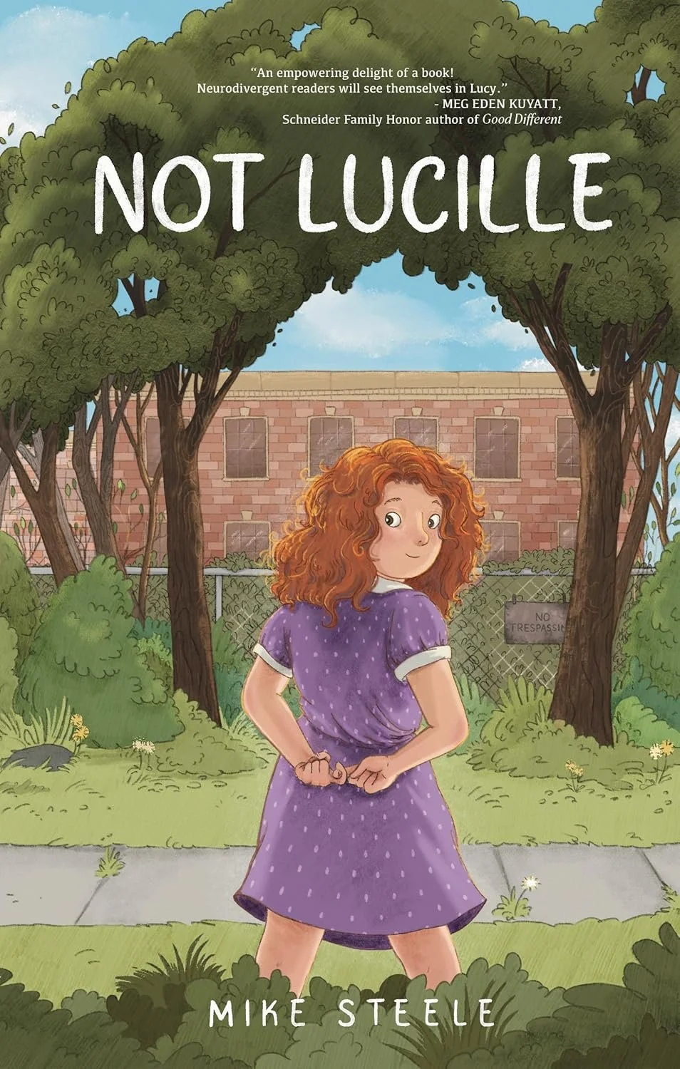 A young girl with curly red hair wearing a purple dress standing with her back to a brick building, surrounded by trees and bushes, with a sign that says 'No Trespass' on the fence behind her.