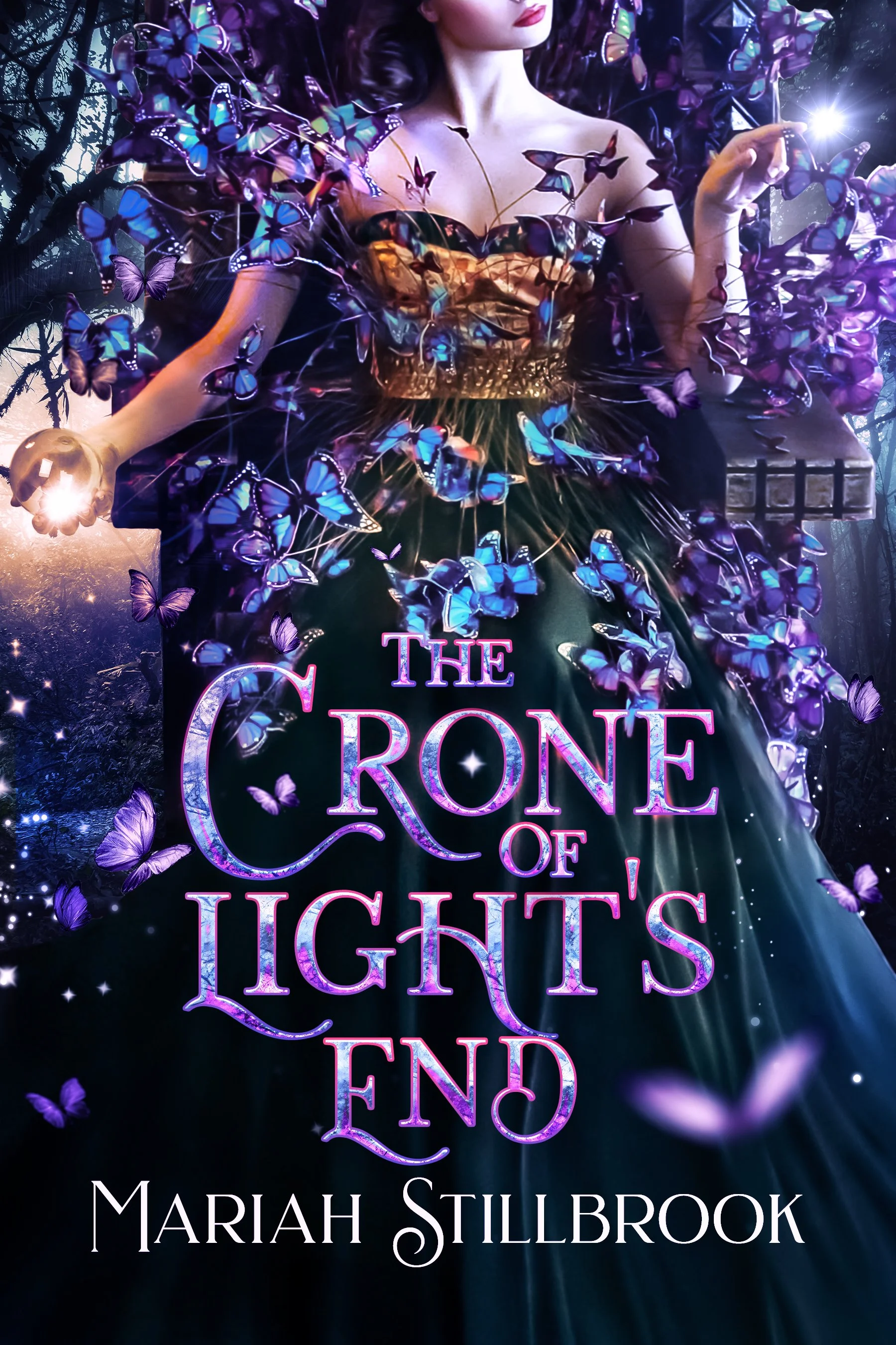 Book cover for 'The Crooked End' by Mariah Stillbrook featuring a woman in an elegant dress with purple butterflies around her, set in a forest background with a mysterious atmosphere.