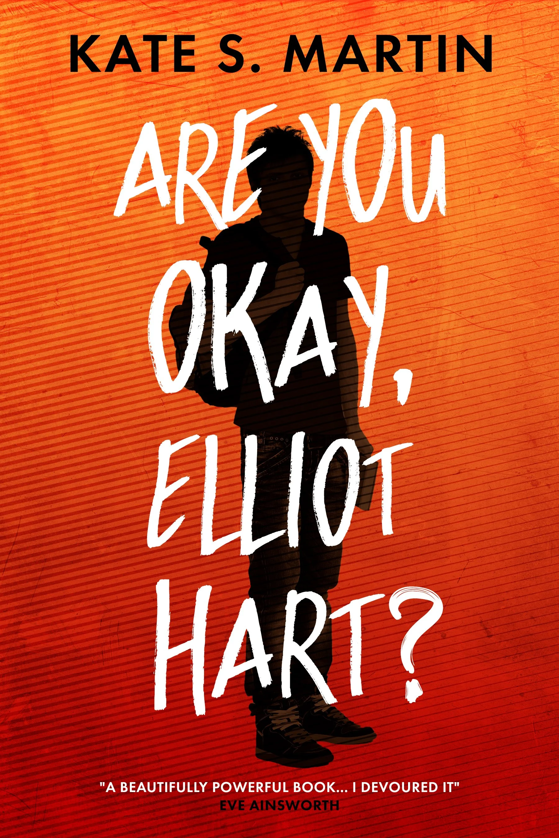 Cover of the book 'Are You Okay, Charter?' by Kate S. Martin. The background is orange with diagonal lines, and there is a silhouette of a person holding a bag. The title is written in large, white, handwritten font with the author's name in black at the top.