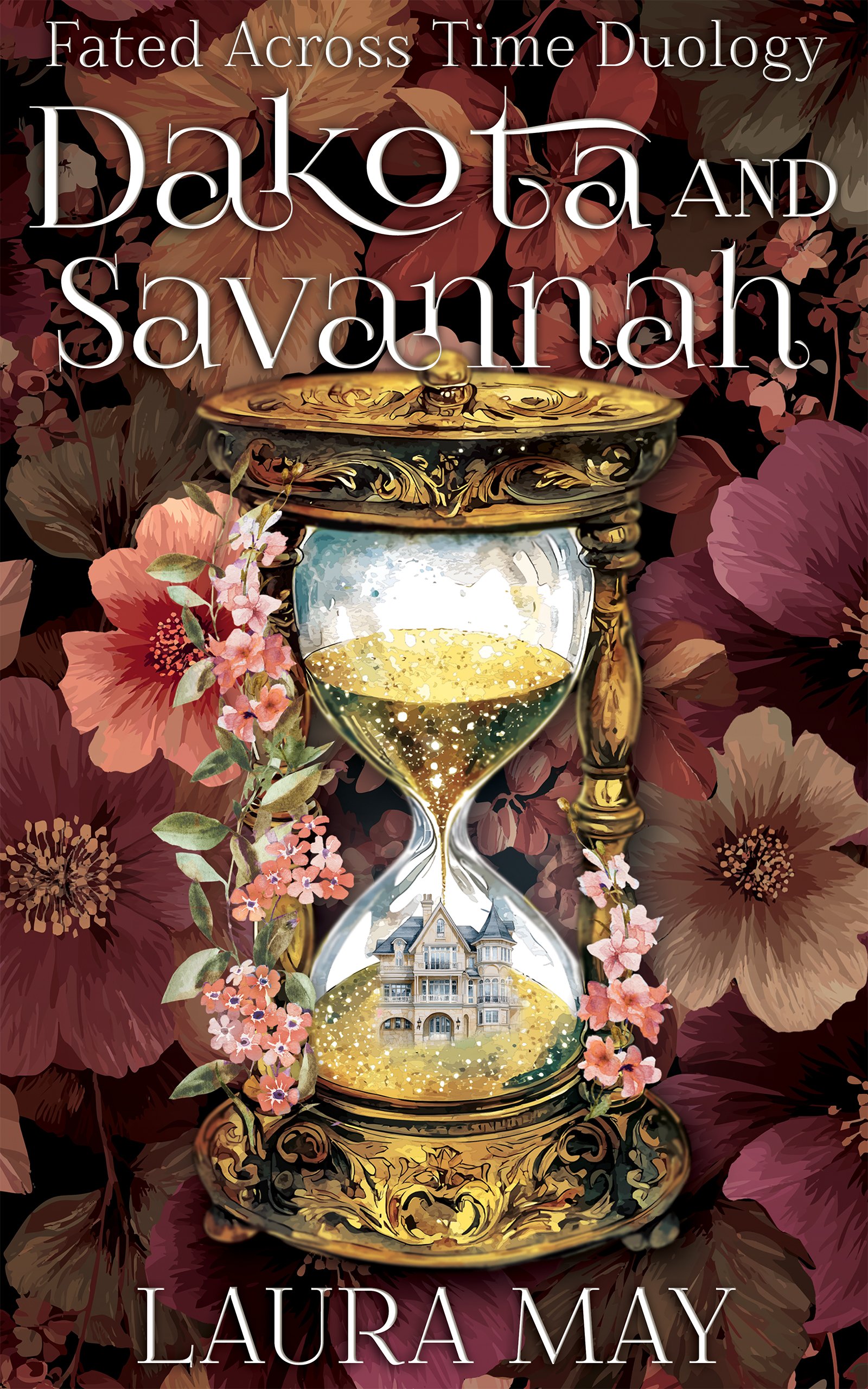 Book cover for "Fated Across Time Duology: Dakota and Savannah" by Laura May. Features a decorative clock with a house inside the hourglass, surrounded by flowers and dark red leaves.