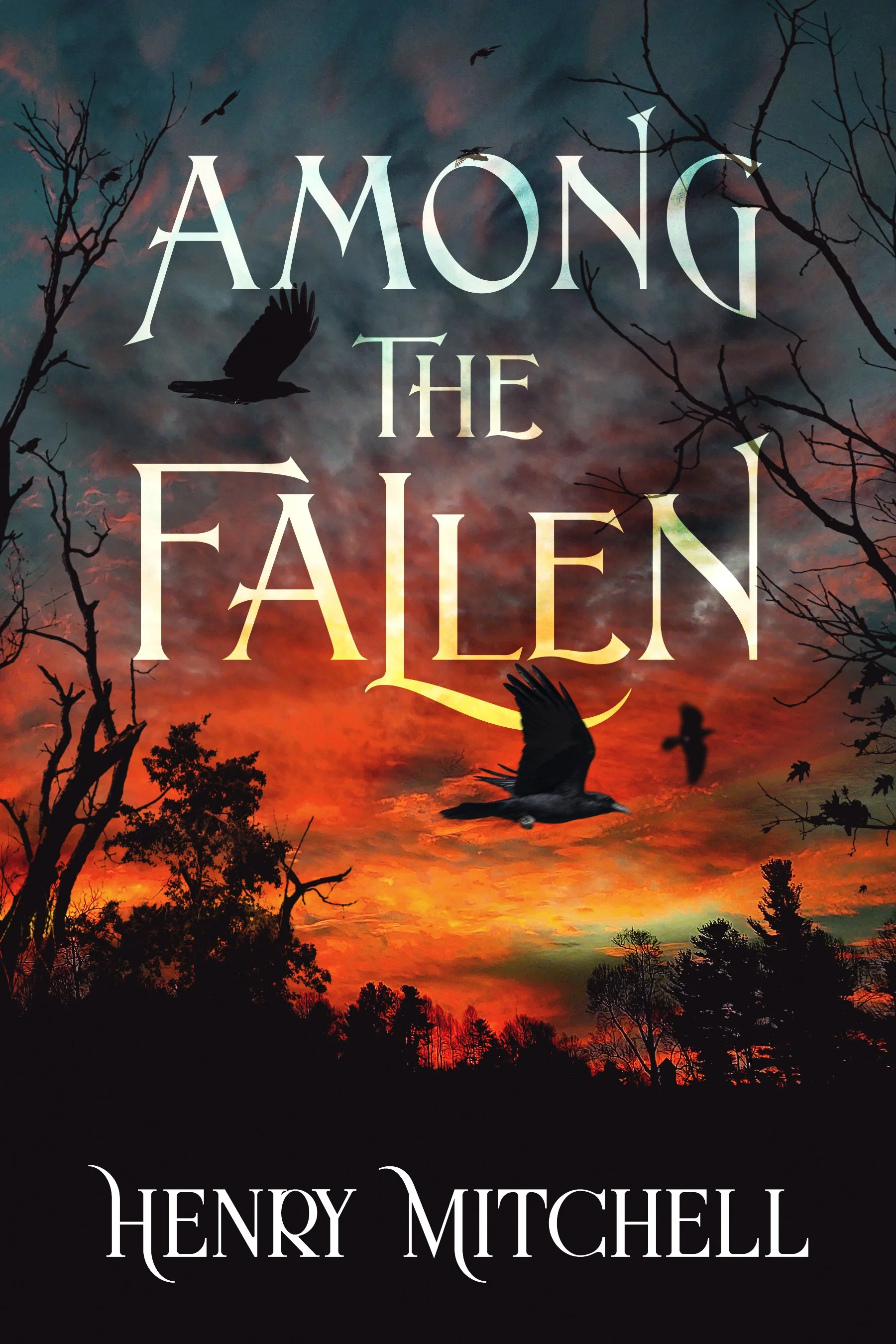 Book cover titled 'Among the Fallen' by Henry Mitchell. The background features a dark, dramatic sunset sky with orange, red, and purple hues, silhouetted trees, and birds flying.