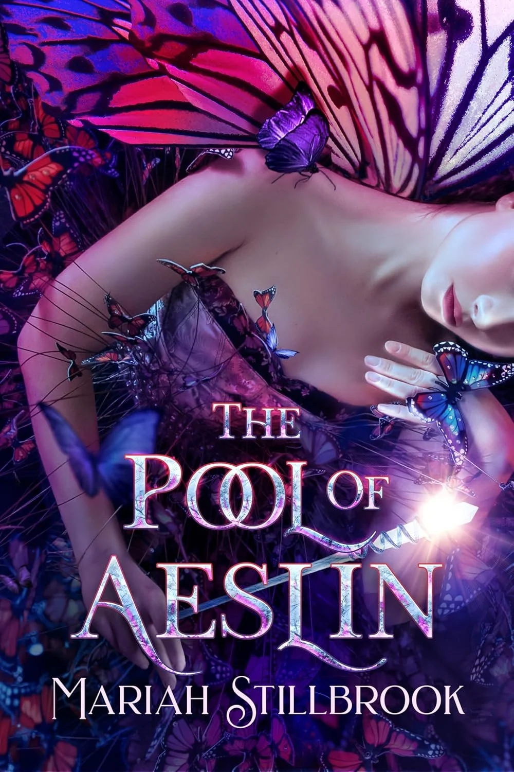 Book cover titled 'The Pool of Aesin' by Mariah Stillbrook shows a woman with closed eyes, surrounded by colorful butterflies, with large butterfly wings behind her, creating a fantasy atmosphere.