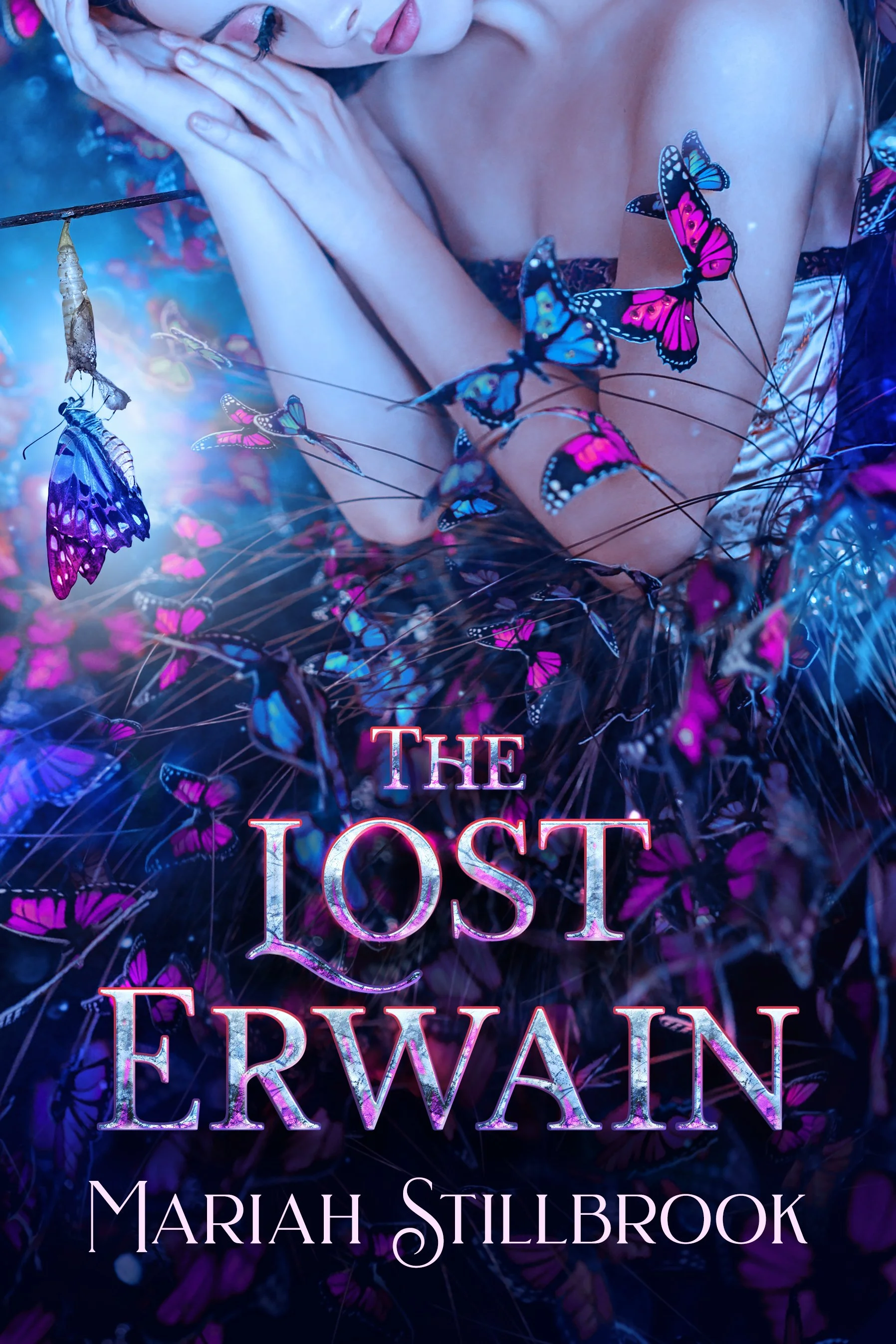 The cover of a book titled "The Lost Erawan" by Mariah Stillbrook features a woman with fair skin holding her head with both hands amidst butterflies and a chameleon on her shoulder. The butterflies are pink and blue, and the background is a mix of deep blue and purple hues.