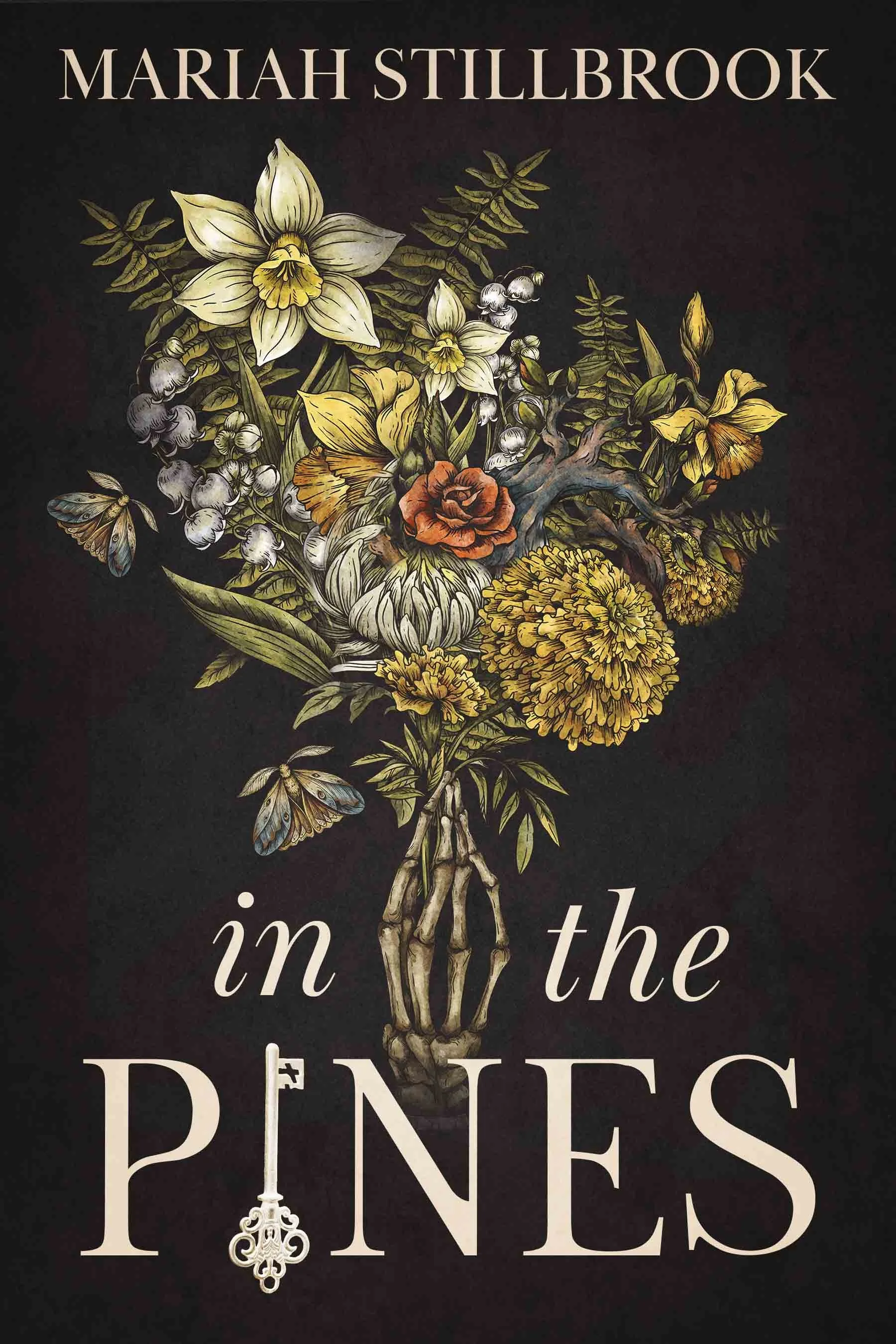 Book cover titled 'In the Pines' by Mariah Stillbrook. Features an illustration of a bouquet with flowers, ferns, and a butterfly, with a bone-like structure as the stem against a dark background.