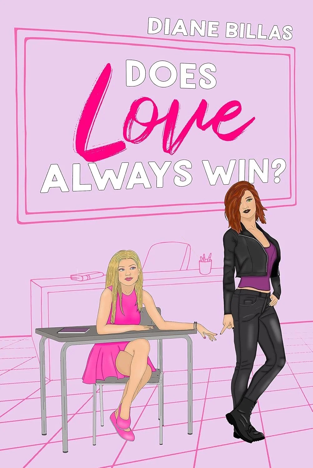 Book cover for "Does Love Always Win?" by Diane Billas. Illustration of two women, one sitting at a desk and the other standing, in a stylized pink and purple office setting.
