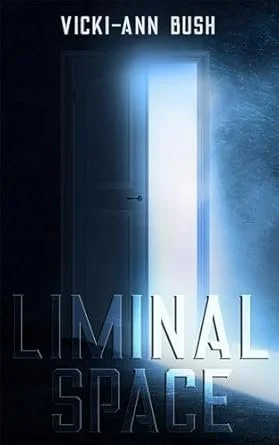 Book cover for 'Liminal Space' by Vicki-Ann Bush, featuring an open door with bright light shining through appears as a portal to another dimension.