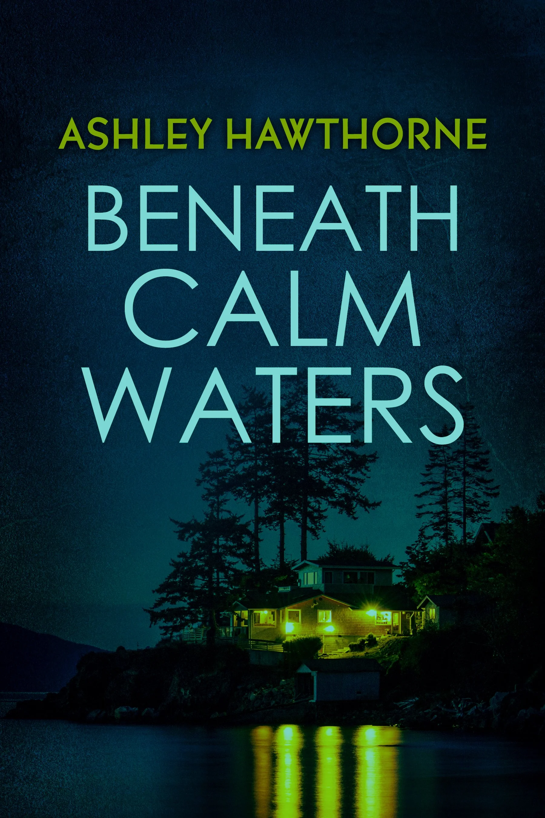 Nighttime scene of a house with warm yellow lights, surrounded by trees, near a body of water reflecting the lights, with mountains in the background and a clear dark sky.