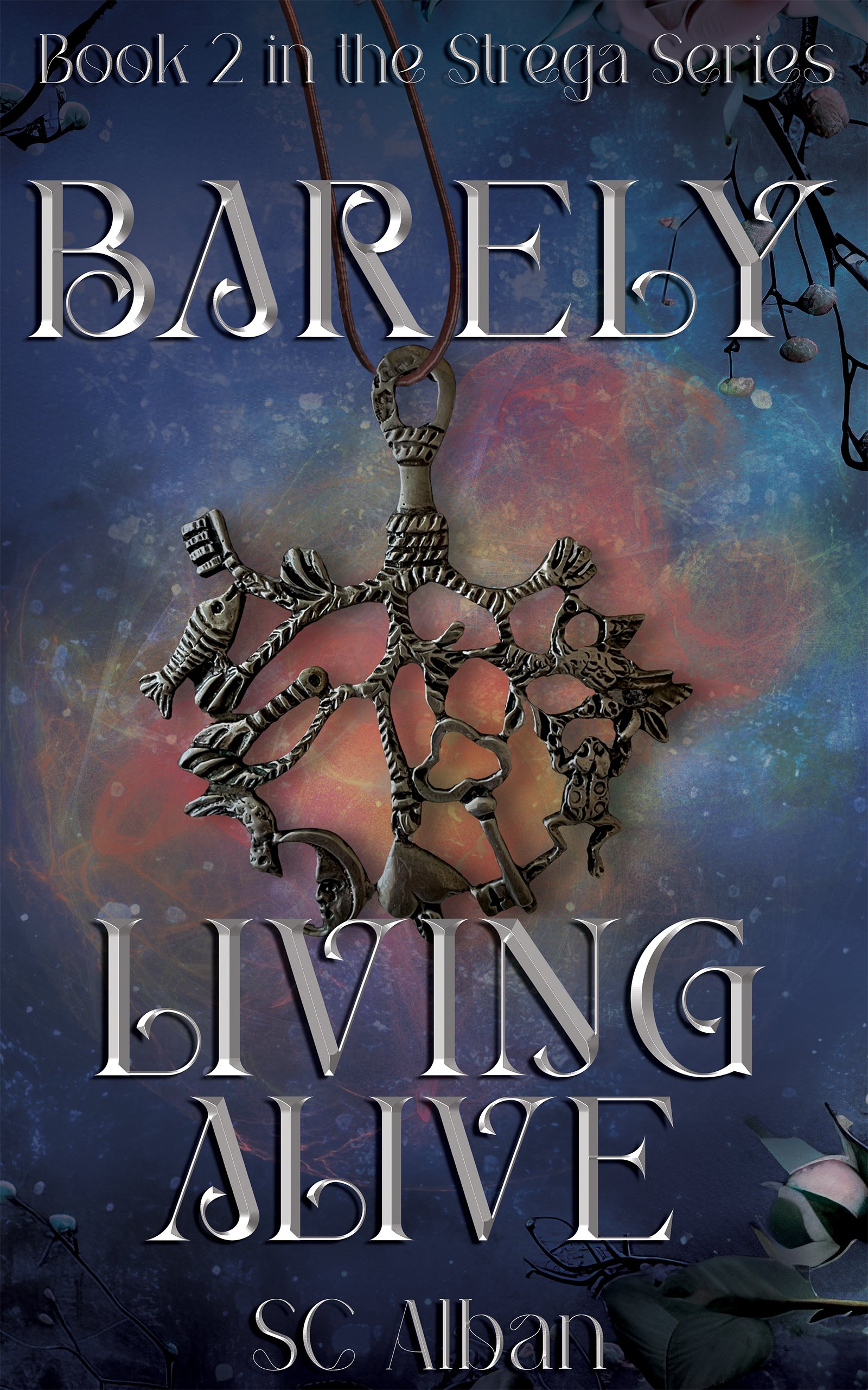 The cover of a book titled 'Divine Alive' by SC Alban. The background is an abstract cosmic scene with stars and colorful nebulae, and in the foreground is a metallic animal-shaped pendant on a cord.