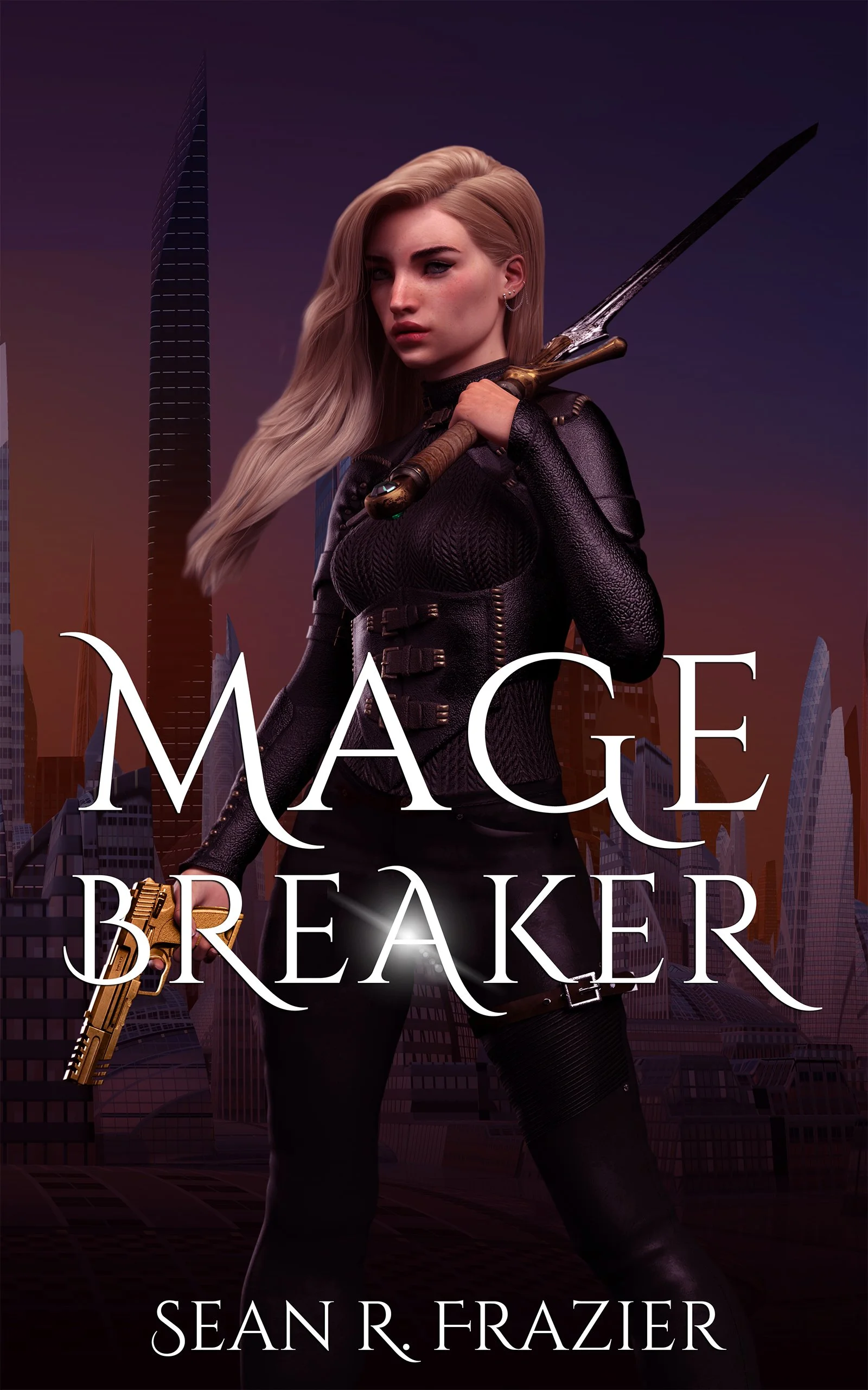 Book cover for 'Mace Breaker' featuring a woman with long blonde hair holding a dagger, standing in front of a cityscape with tall buildings during sunset.