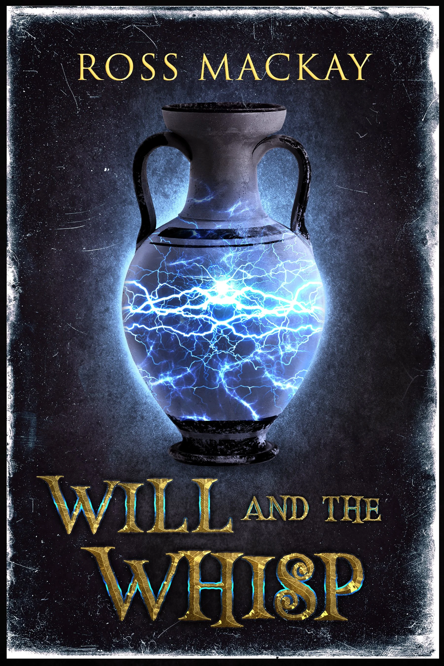 A book cover featuring a large ancient Greek-style vase with lightning inside it. The background is dark and stormy, with a worn, distressed texture. The title spellings are in large, gold, ornate lettering.