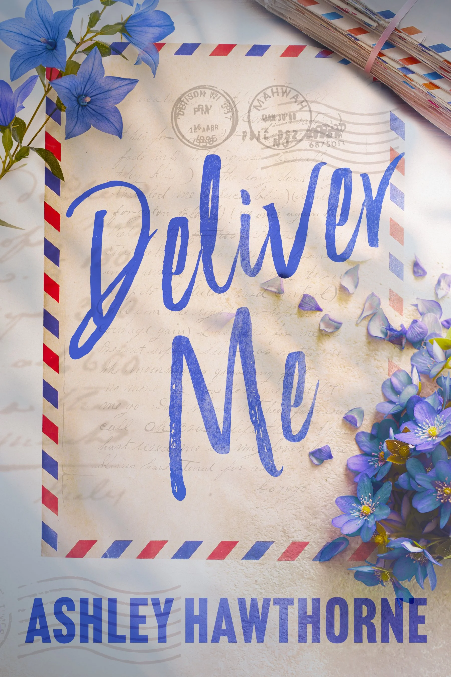 A letter with a red, white, and blue border, stamped with postal marks and featuring the name 'Ashley Hawthorne' in large blue letters, decorated with purple flowers and petals.