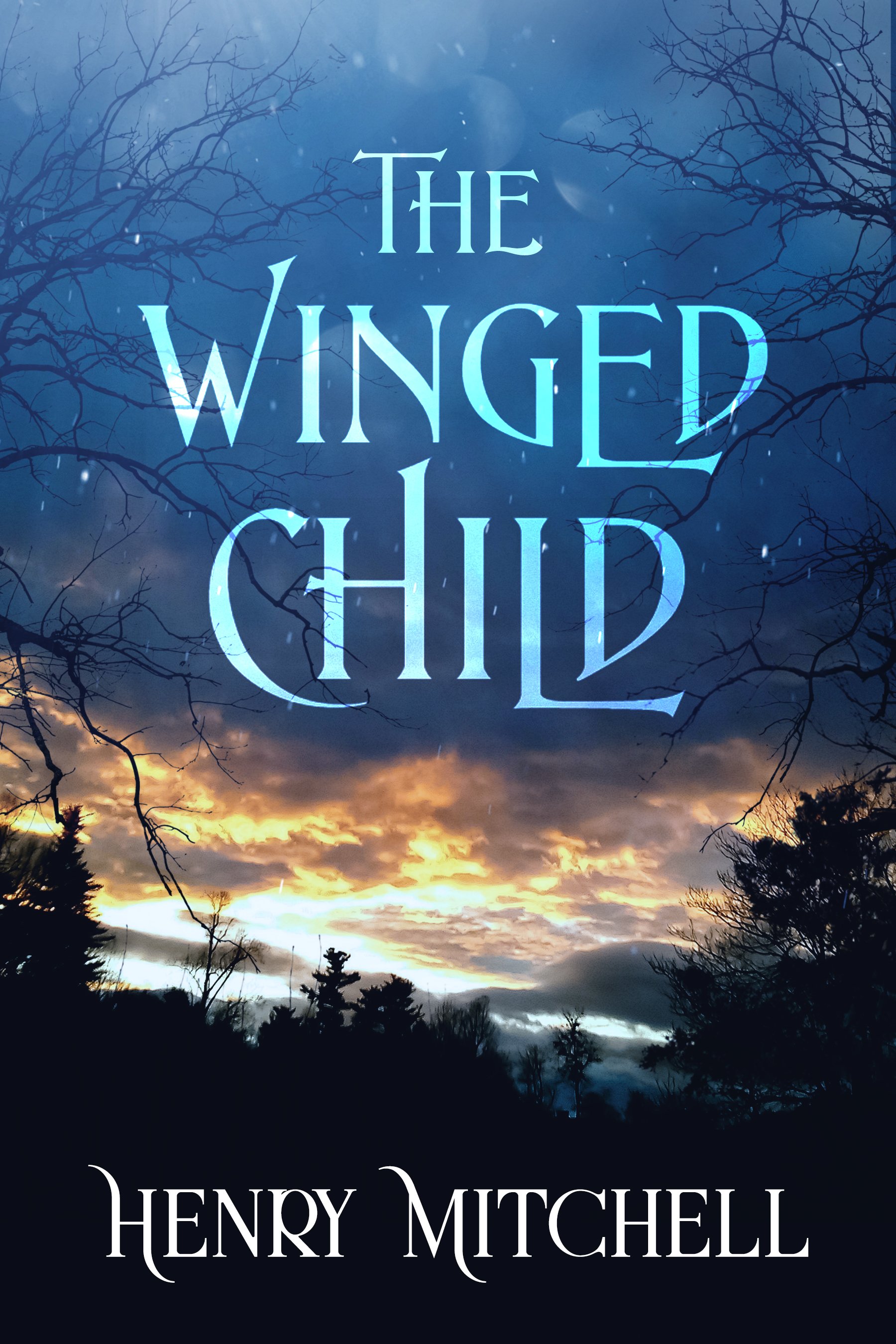 A book cover titled "The Winged Child" by Henry Mitchell, featuring a background of a sunset with clouds and silhouetted trees and branches.