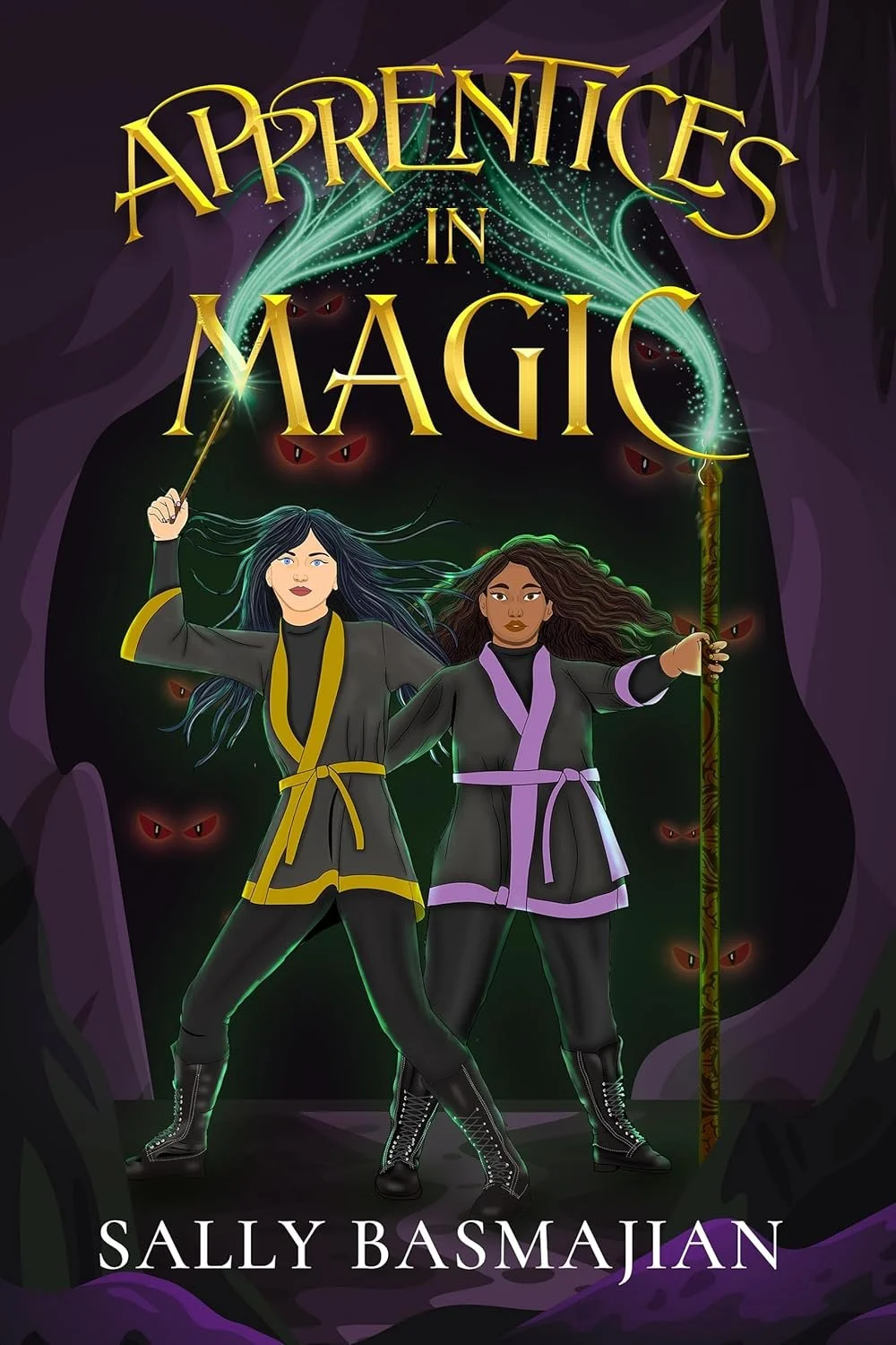 Book cover for "Apprentices in Magic" by Sally Basmajian featuring two young witches with wands, surrounded by magical effects and mysterious eyes lurking in the background.