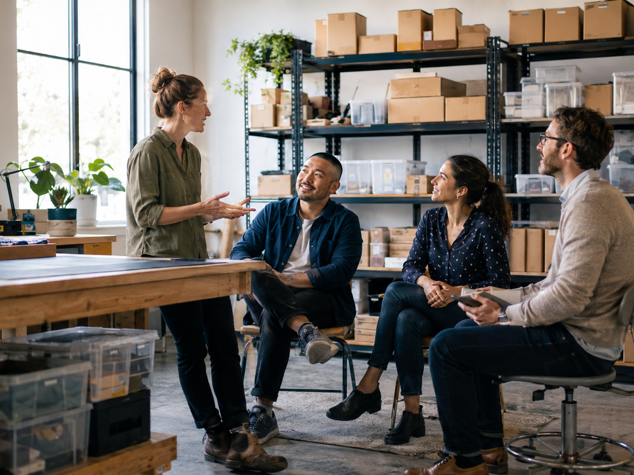 HR consultant meeting with a small-business team in their workshop.