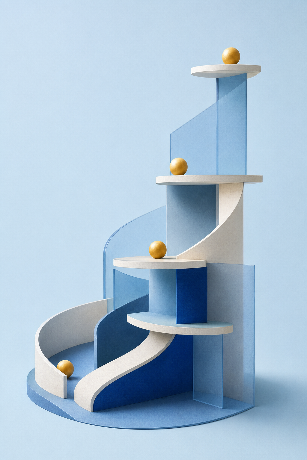 Structure géométrique abstraite avec balustrades bleues et blanches, et des sphères dorées disposées sur différentes plateformes contre un fond bleu clair.